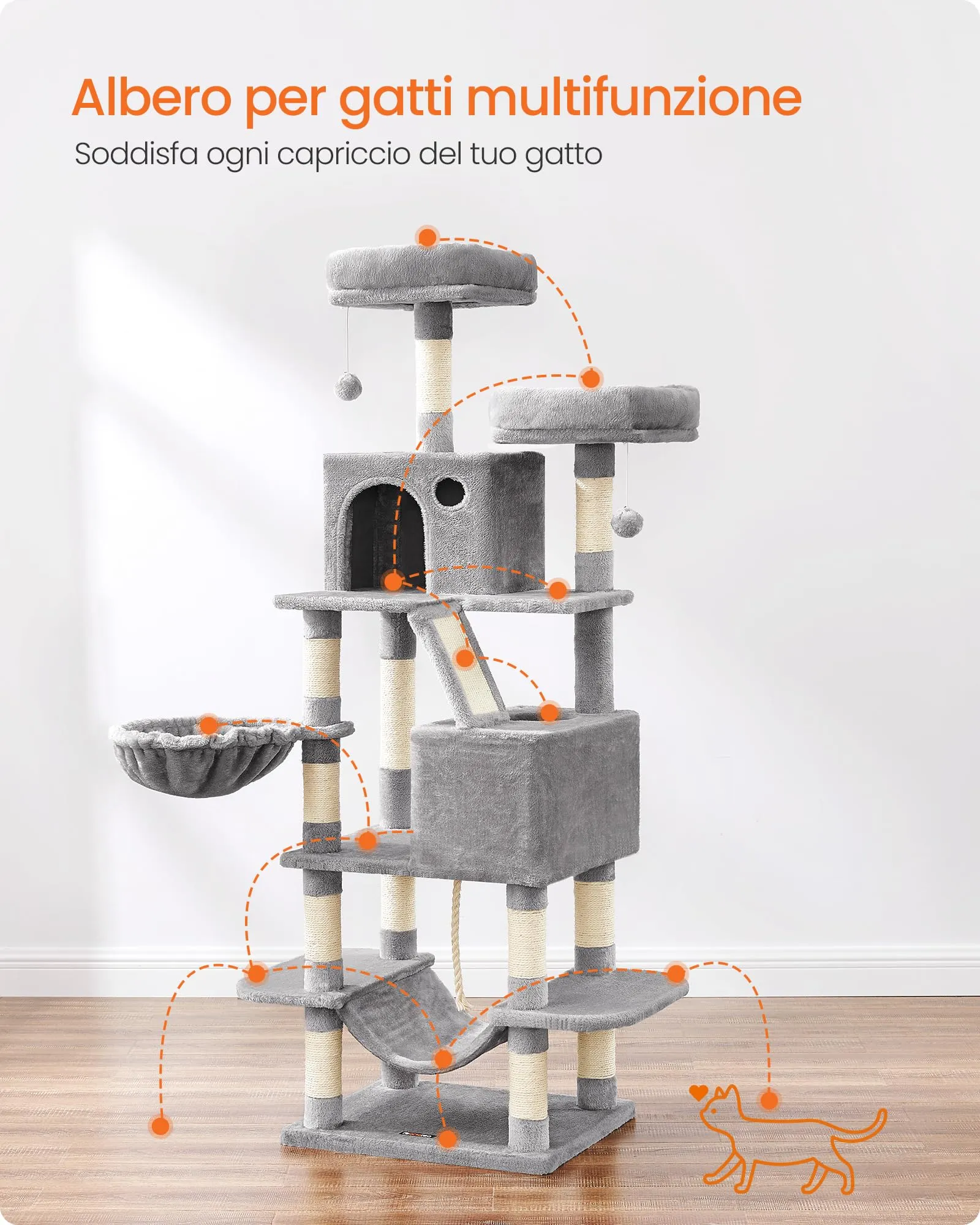 Feandrea Albero per Gatti 168 cm con Tiragraffi, 2 Posatoi, 2 Grotte, Cesto e Amaca, Grigio Chiaro PCT165W01V1 - immagine 3