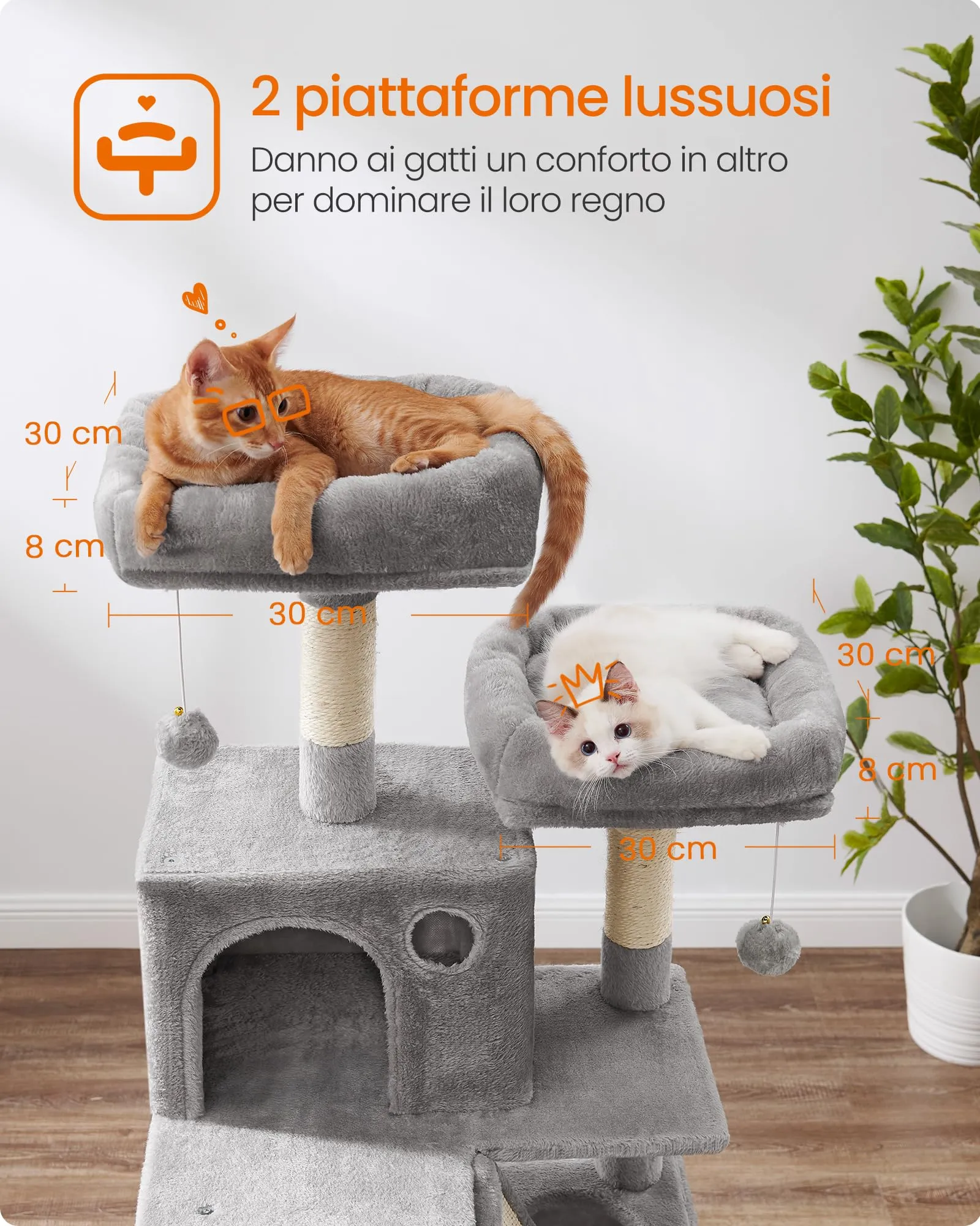 Feandrea Albero per Gatti 168 cm con Tiragraffi, 2 Posatoi, 2 Grotte, Cesto e Amaca, Grigio Chiaro PCT165W01V1 - immagine 4