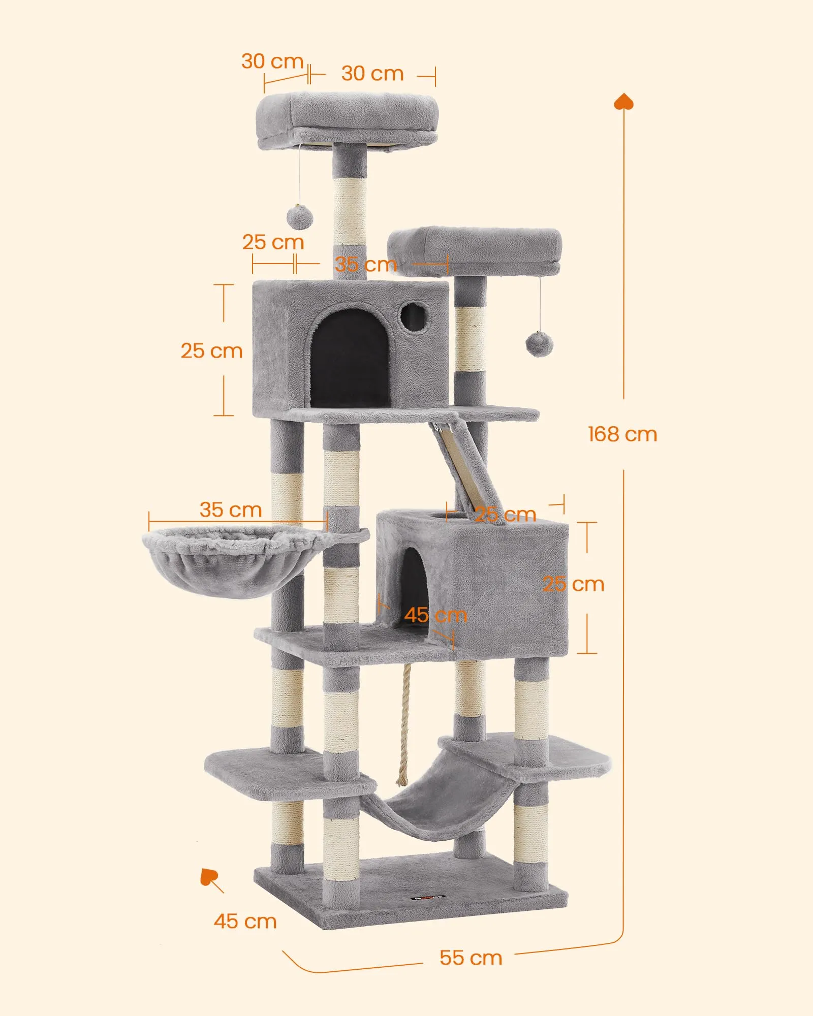 Feandrea Albero per Gatti 168 cm con Tiragraffi, 2 Posatoi, 2 Grotte, Cesto e Amaca, Grigio Chiaro PCT165W01V1 - immagine 6