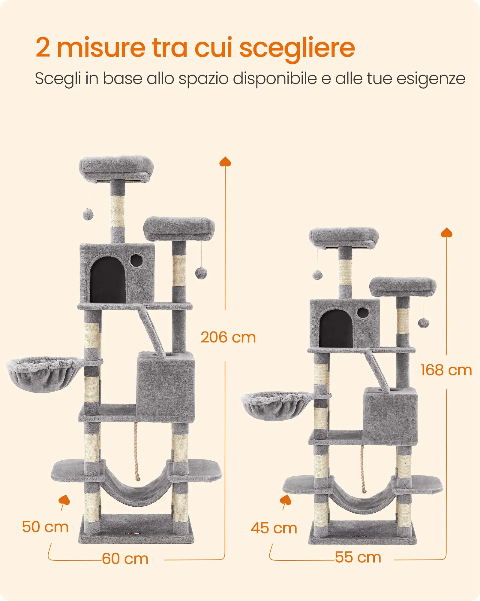 Feandrea Albero per Gatti 168 cm con Tiragraffi, 2 Posatoi, 2 Grotte, Cesto e Amaca, Grigio Chiaro PCT165W01V1 - immagine 7