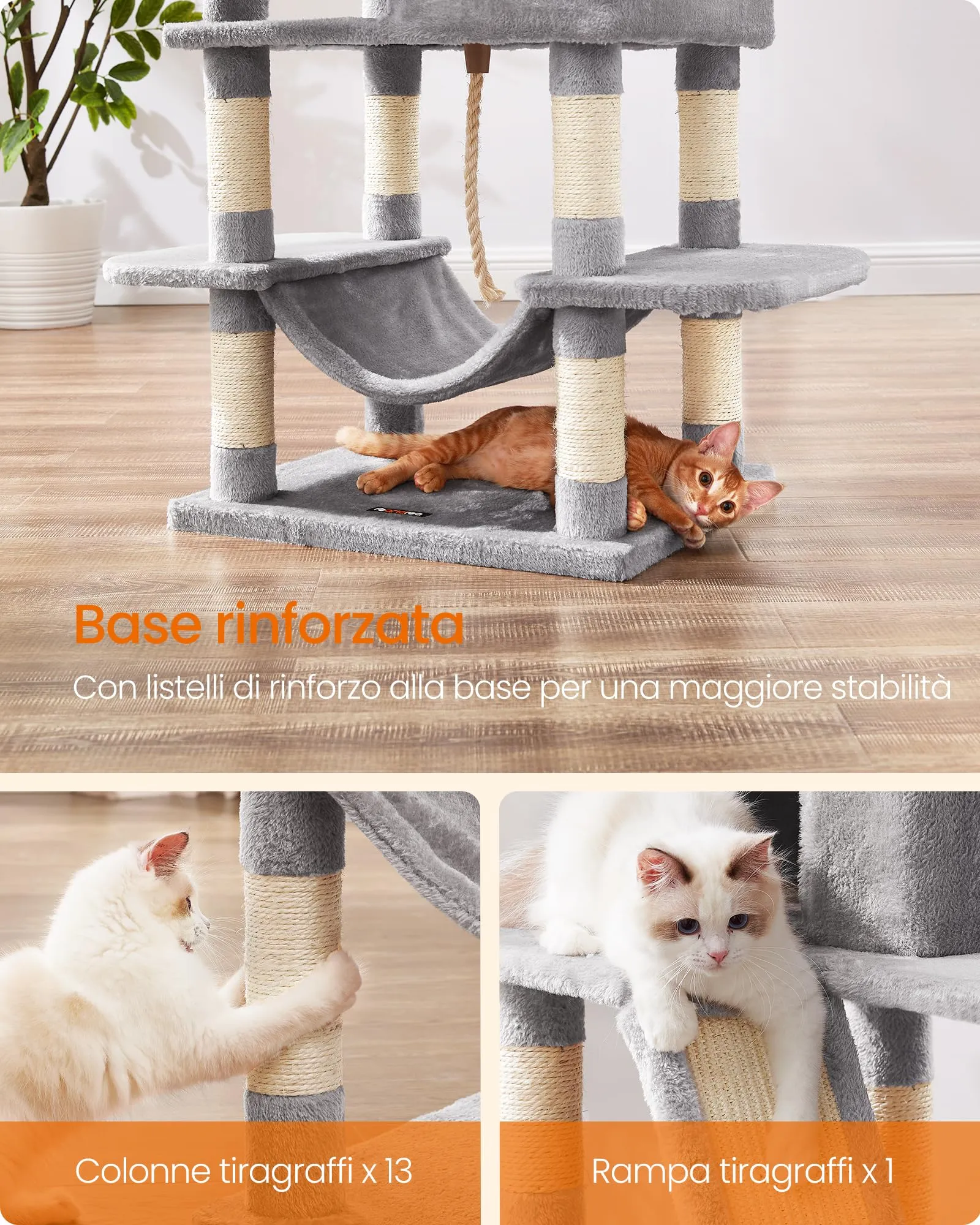 Feandrea Albero per Gatti 168 cm con Tiragraffi, 2 Posatoi, 2 Grotte, Cesto e Amaca, Grigio Chiaro PCT165W01V1 - immagine 8