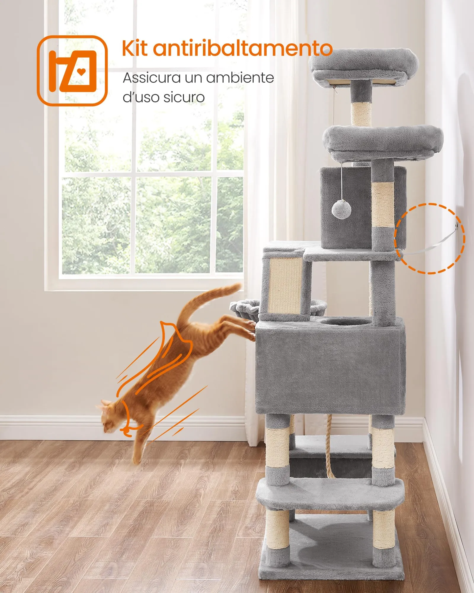 Feandrea Albero per Gatti 168 cm con Tiragraffi, 2 Posatoi, 2 Grotte, Cesto e Amaca, Grigio Chiaro PCT165W01V1 - immagine 9
