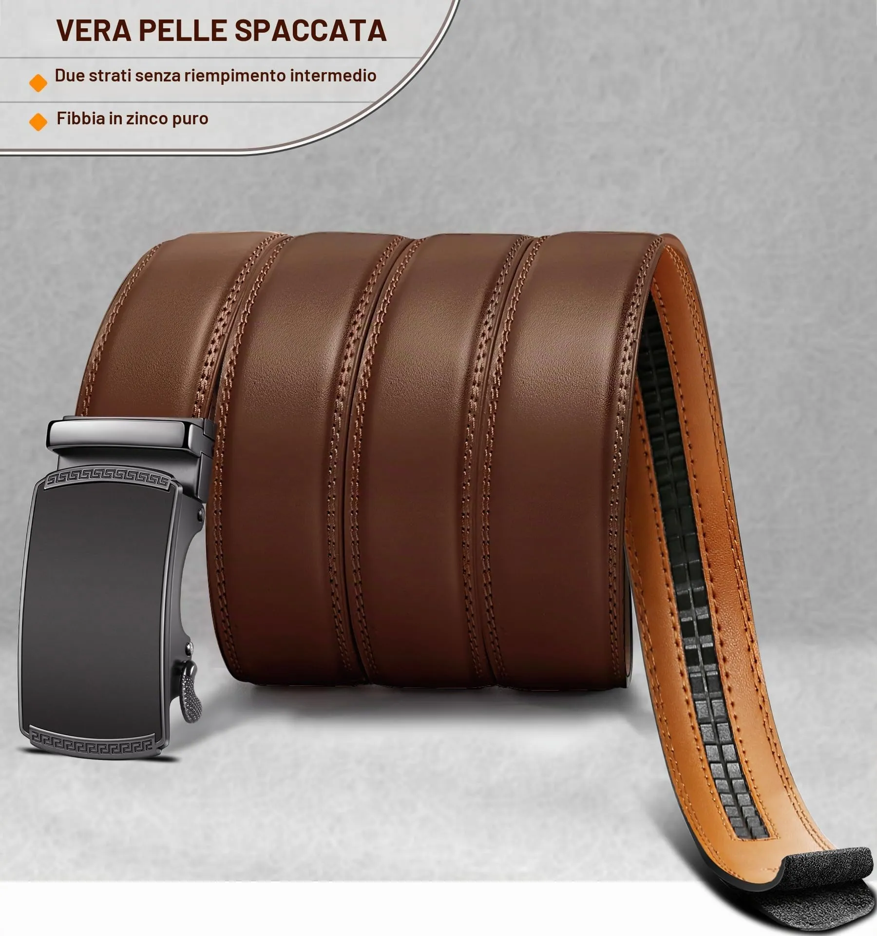 BULLIANT Cintura Uomo in Pelle con Fibbia Automatica a Cricchetto 35mm, Mattone Rosso, 105cm - immagine 2