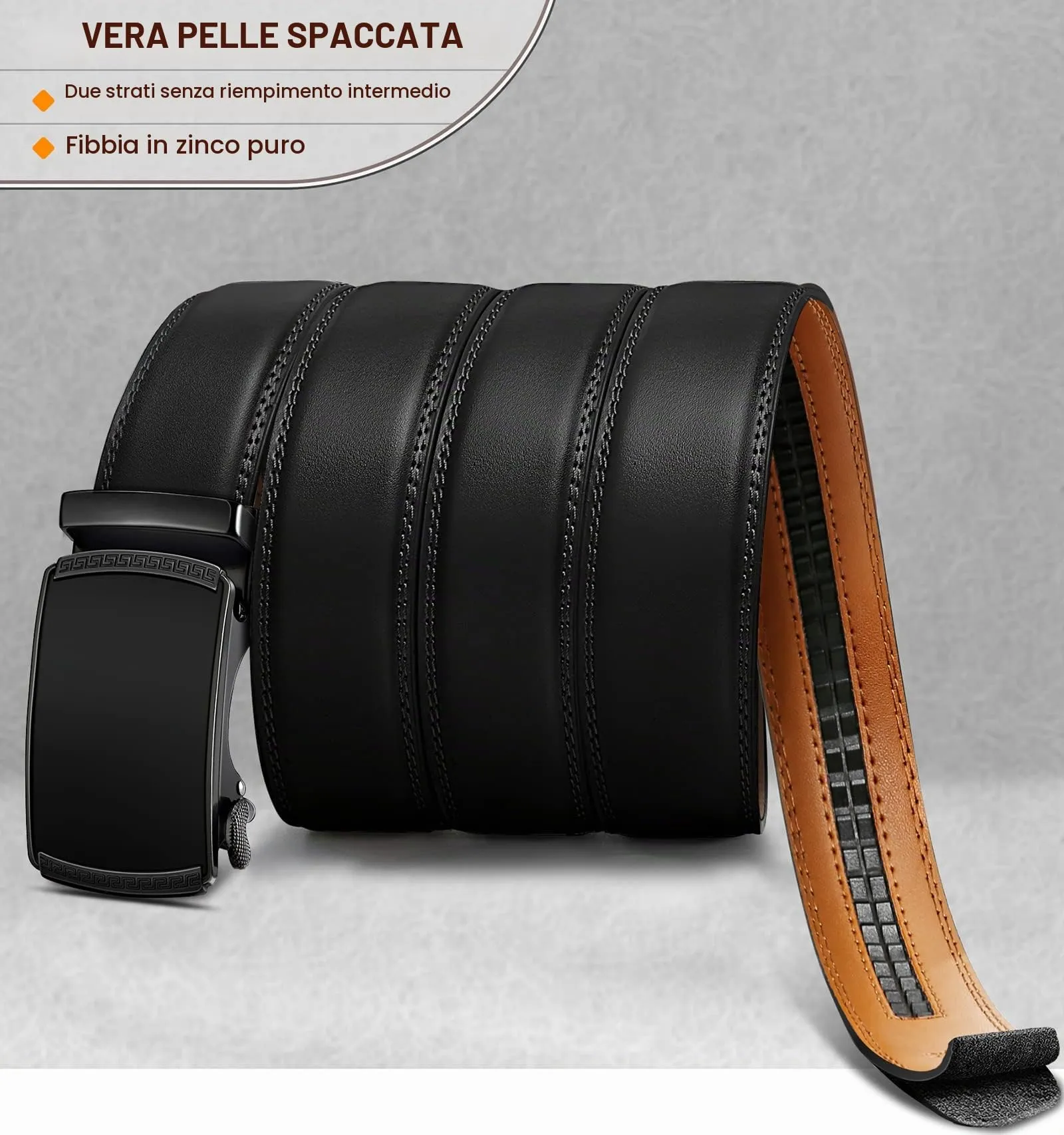 BULLIANT Cintura Uomo in Pelle con Fibbia Automatica a Cricchetto 35mm, Nero, 125cm - immagine 3