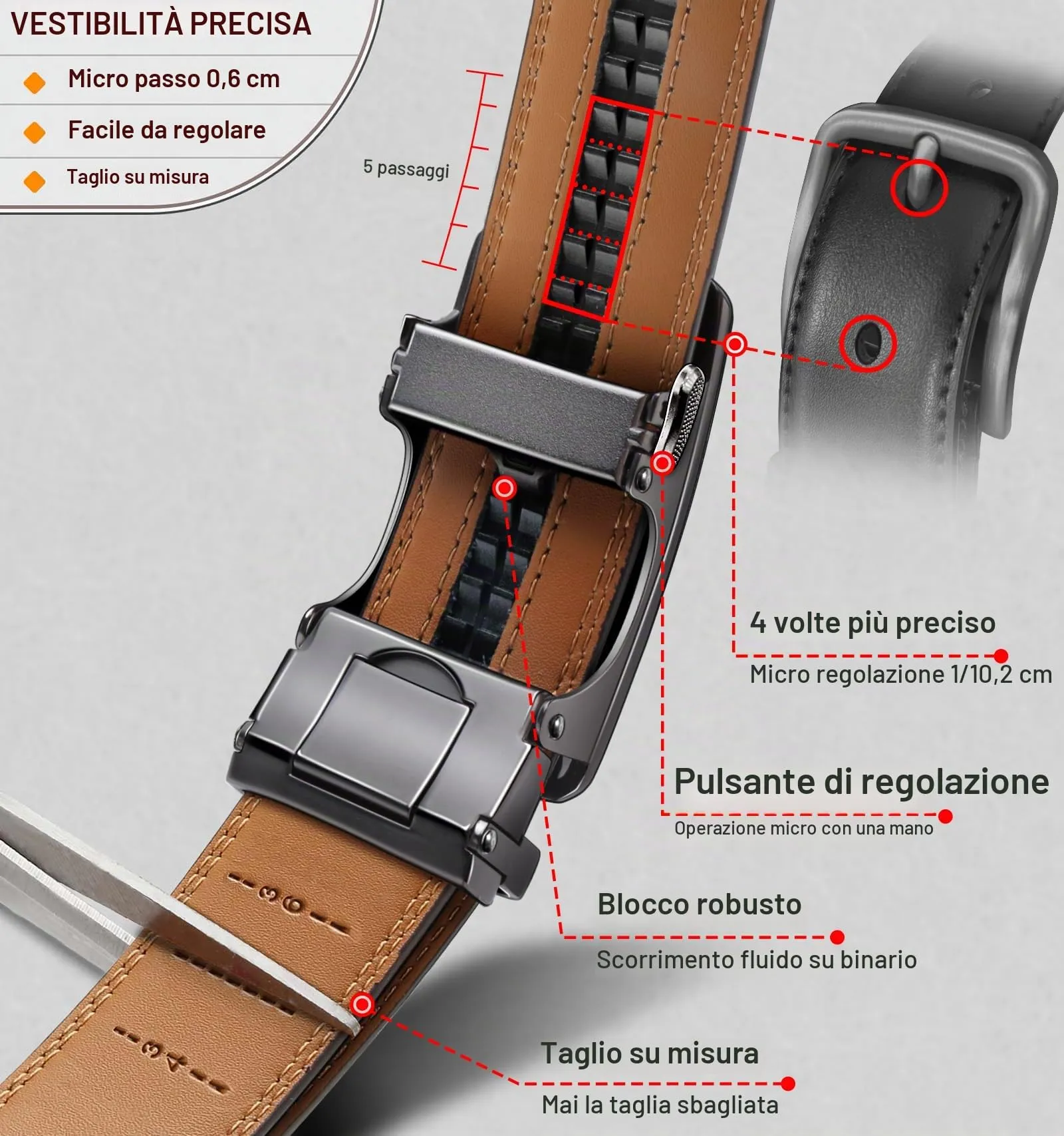 BULLIANT Cintura Uomo in Pelle con Fibbia Automatica a Cricchetto 35mm, Mattone Rosso, 125cm - immagine 3