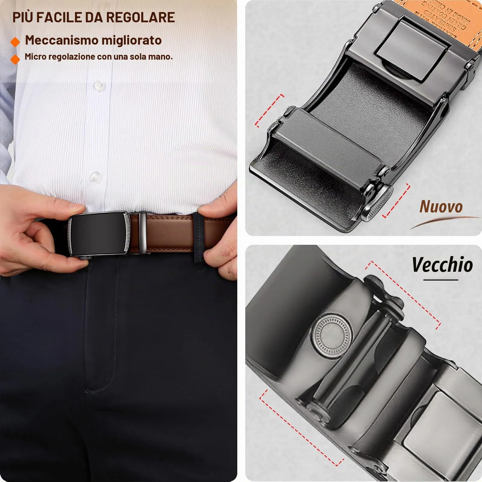 BULLIANT Cintura Uomo in Pelle con Fibbia Automatica a Cricchetto 35mm, Mattone Rosso, 125cm - immagine 5