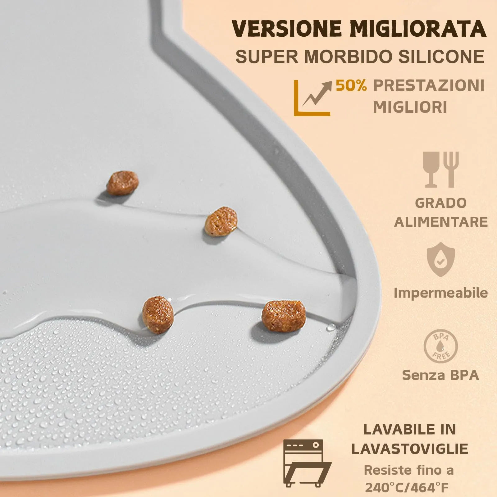Septillar Tappetino Sottociotola in Silicone per Cani e Gatti, Antiscivolo e Impermeabile, 44x25 cm, Grigio Chiaro - immagine 3