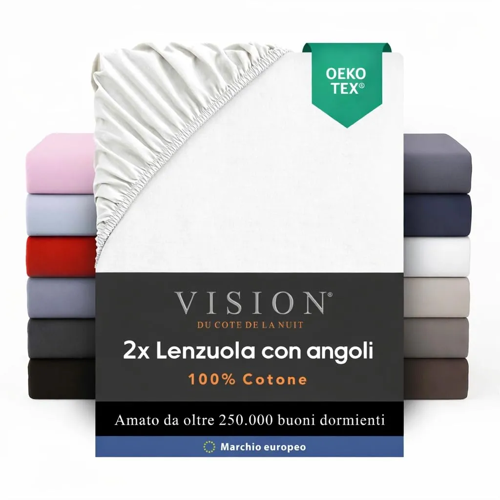 VISION Lenzuolo con angoli 100% cotone, 90 x 200 cm, Bianco (Confezione da 2) - immagine 1