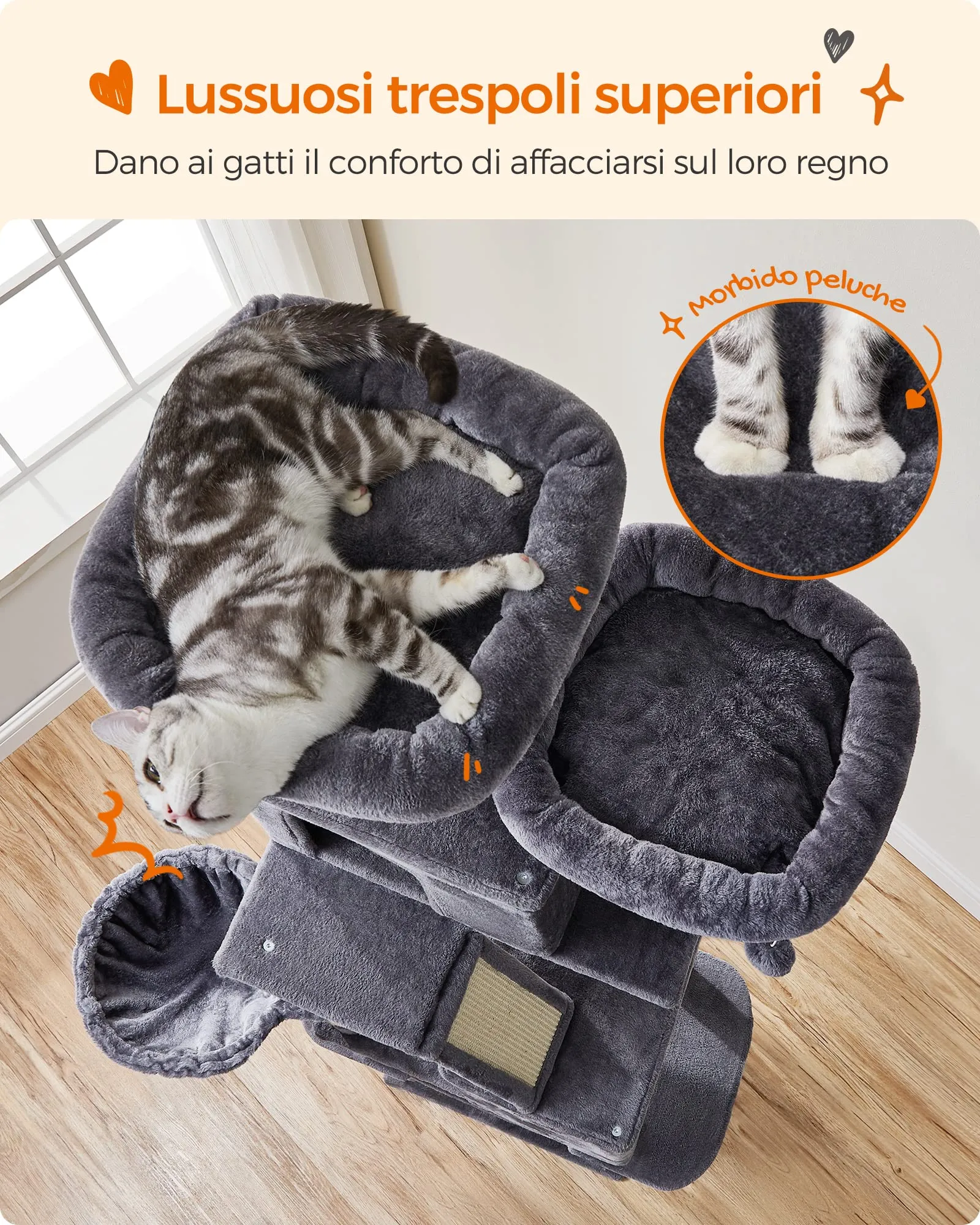 Feandrea Albero per Gatti XXL, Alto 206 cm, Grigio Fumo PCT190G01 - immagine 3