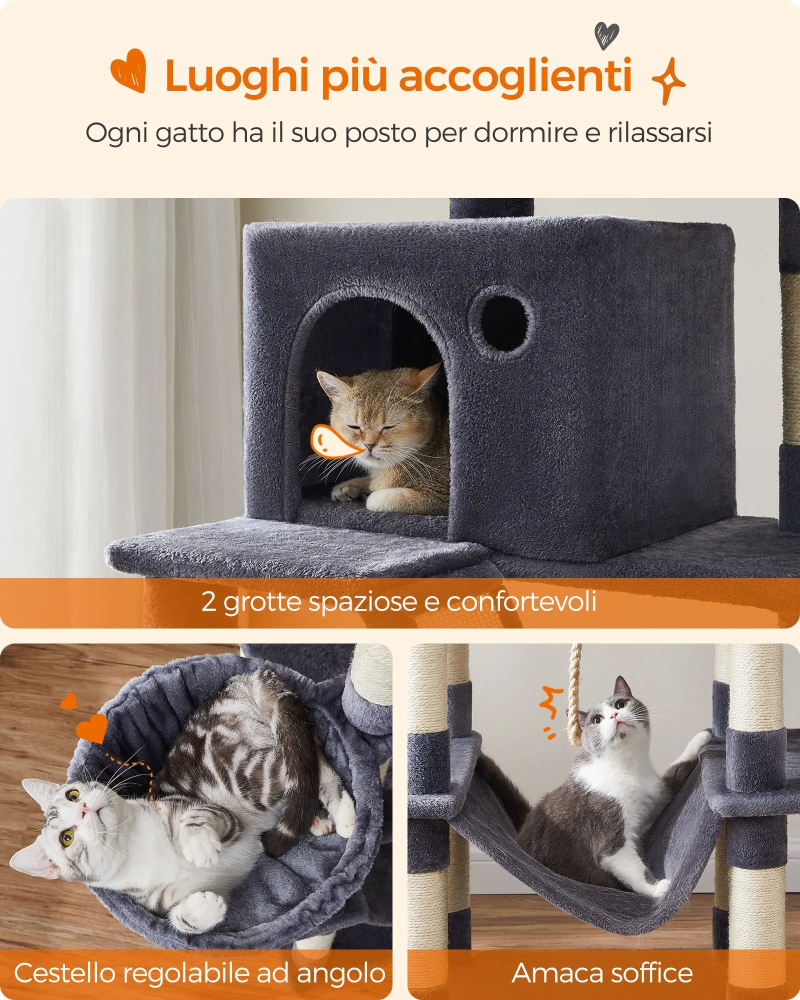 Feandrea Albero per Gatti XXL, Alto 206 cm, Grigio Fumo PCT190G01 - immagine 6