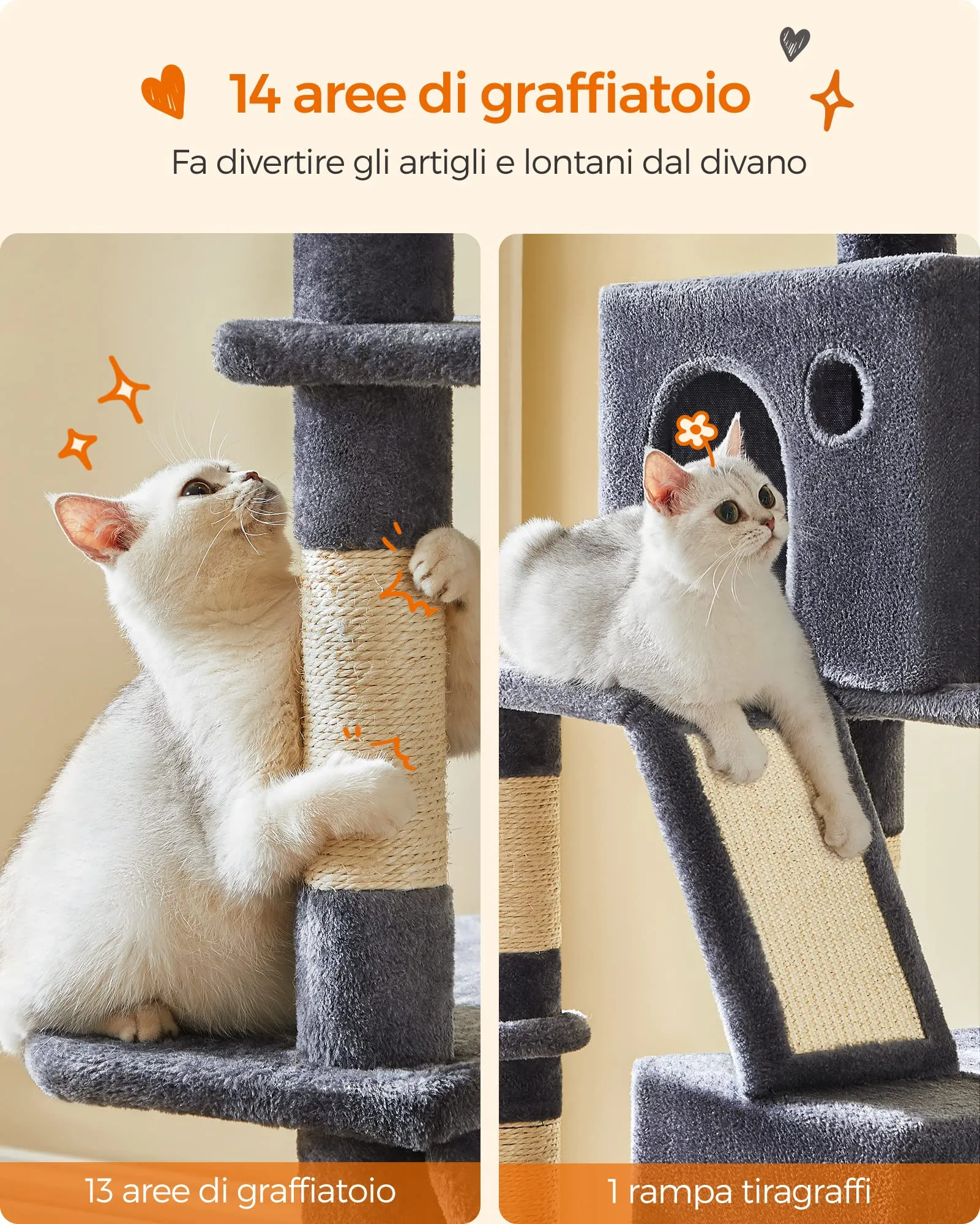 Feandrea Albero per Gatti XXL, Alto 206 cm, Grigio Fumo PCT190G01 - immagine 7