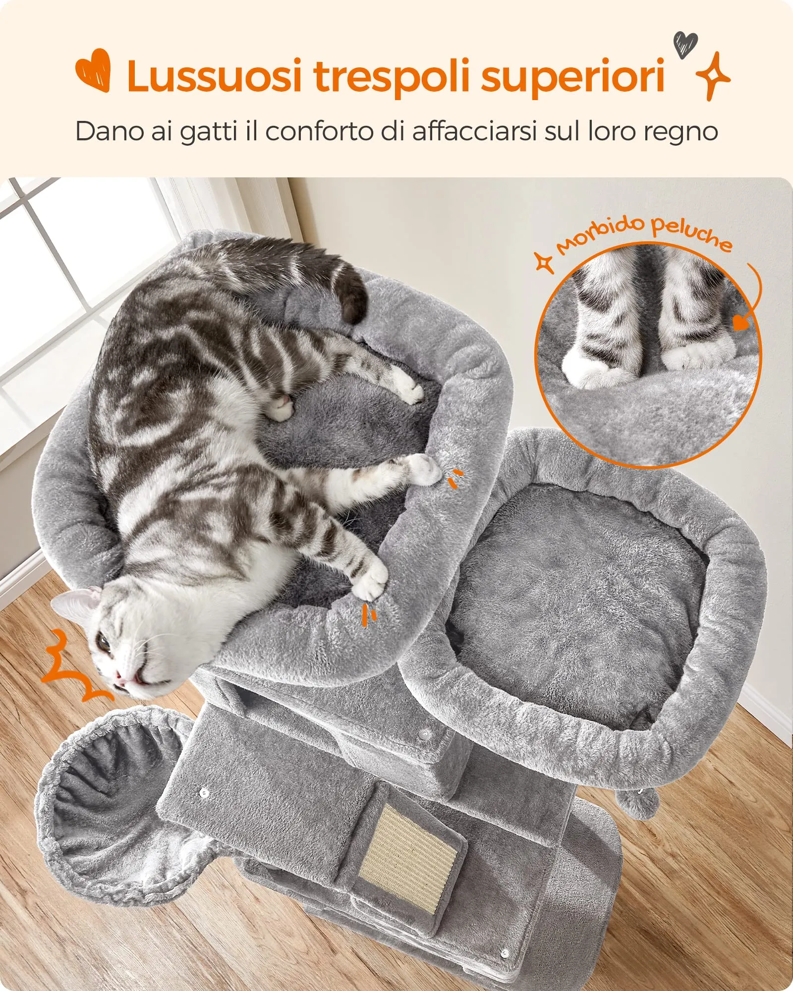 Feandrea Albero per Gatti XXL 206 cm con 13 Graffiatoi, 2 Posatoi, 2 Grotte e Cesto, Grigio Chiaro PCT190W01 - immagine 3
