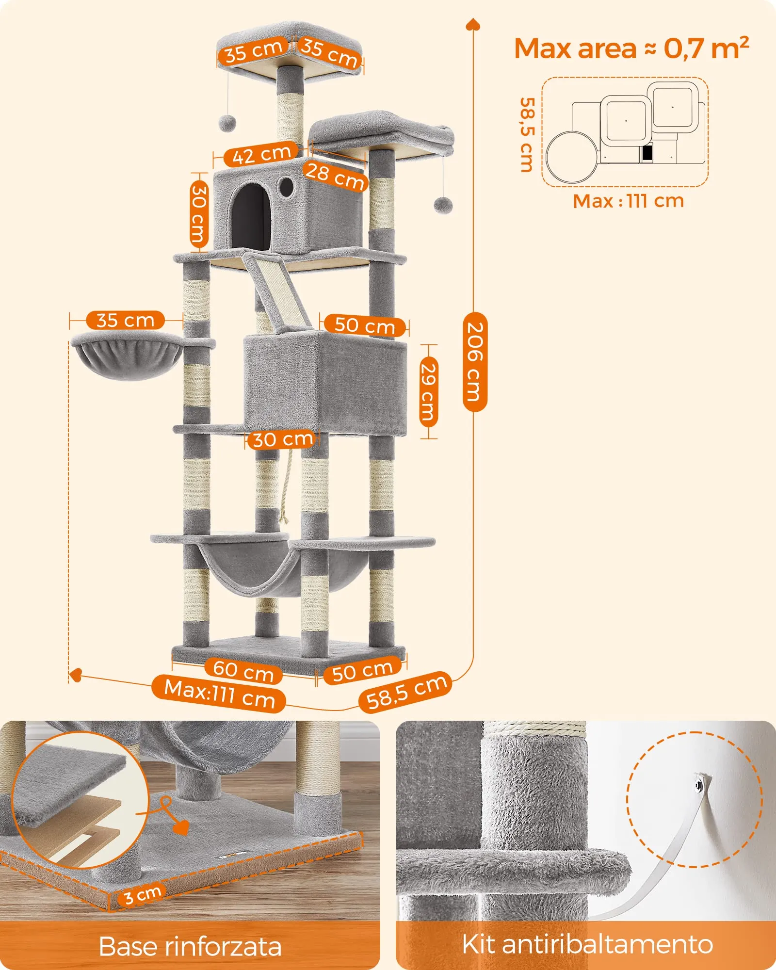 Feandrea Albero per Gatti XXL 206 cm con 13 Graffiatoi, 2 Posatoi, 2 Grotte e Cesto, Grigio Chiaro PCT190W01 - immagine 4