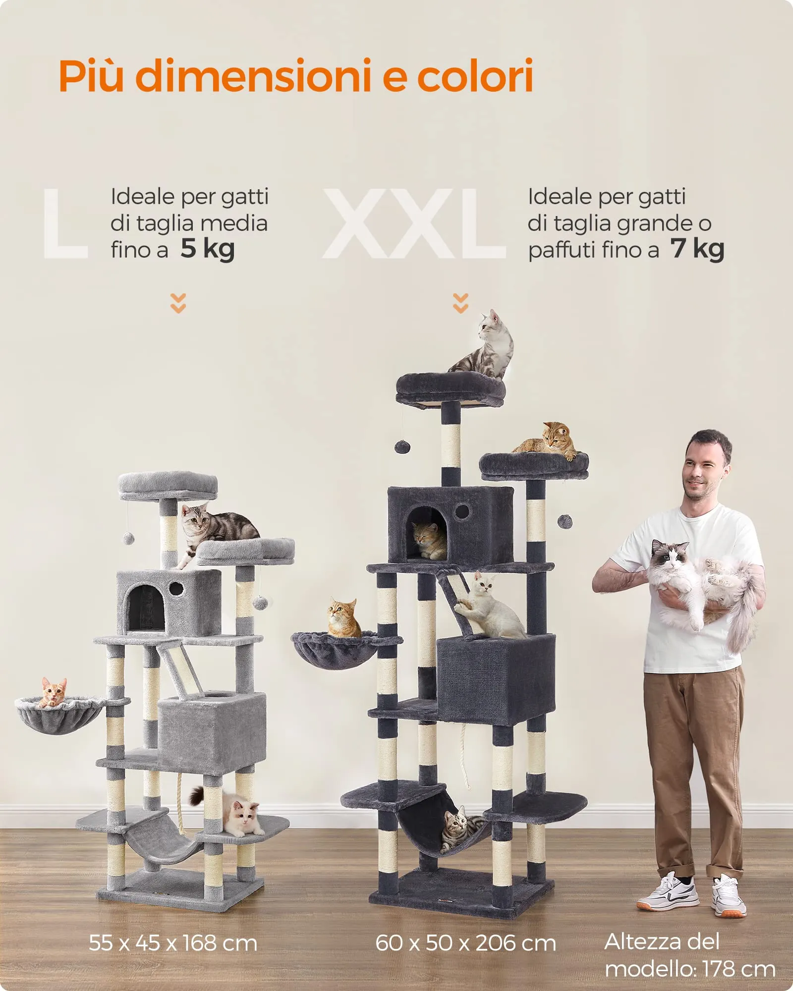Feandrea Albero per Gatti XXL 206 cm con 13 Graffiatoi, 2 Posatoi, 2 Grotte e Cesto, Grigio Chiaro PCT190W01 - immagine 5
