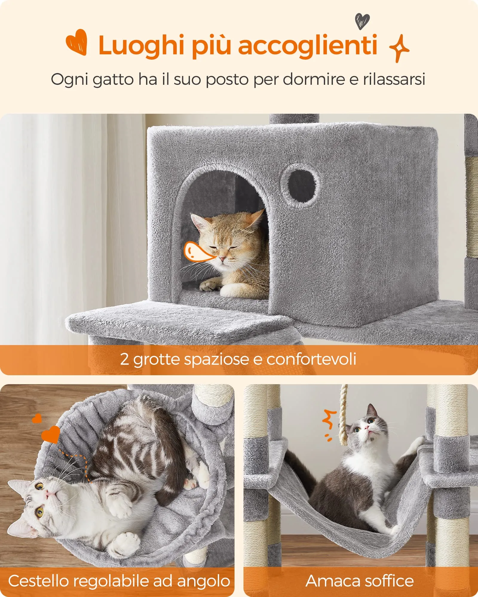 Feandrea Albero per Gatti XXL 206 cm con 13 Graffiatoi, 2 Posatoi, 2 Grotte e Cesto, Grigio Chiaro PCT190W01 - immagine 6