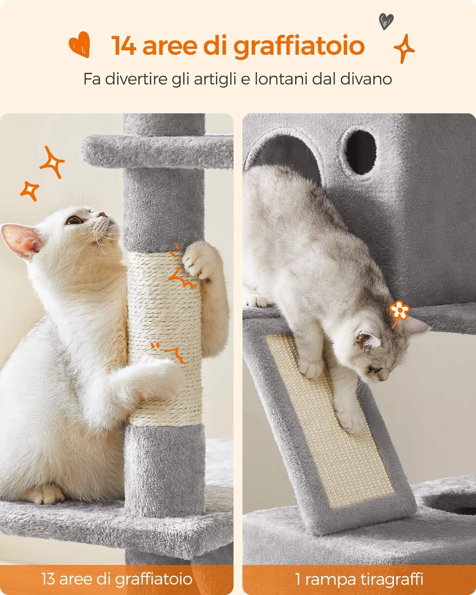 Feandrea Albero per Gatti XXL 206 cm con 13 Graffiatoi, 2 Posatoi, 2 Grotte e Cesto, Grigio Chiaro PCT190W01 - immagine 7