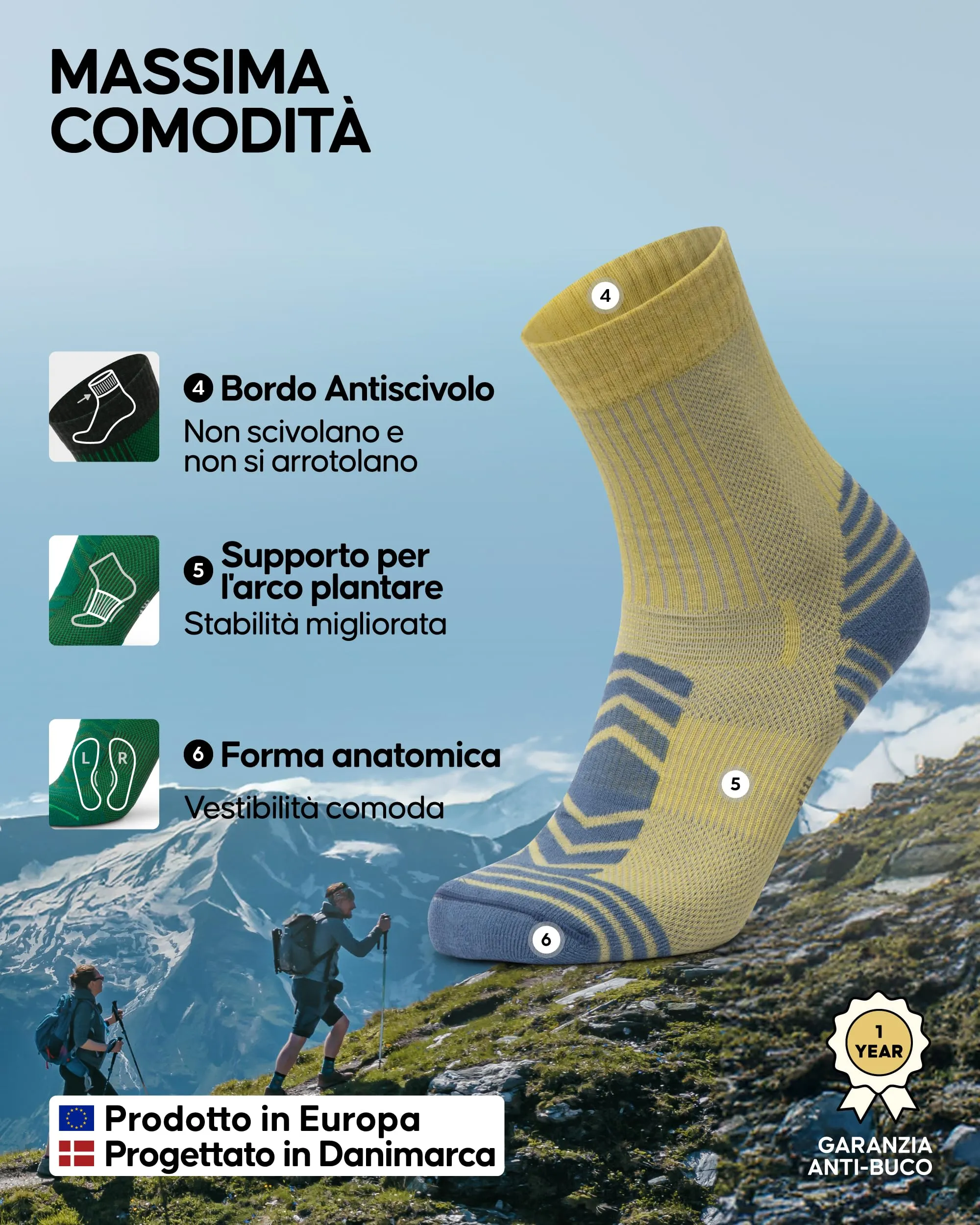 Danish Endurance Calze Trekking Leggere, Giallo, 39-42 - immagine 3