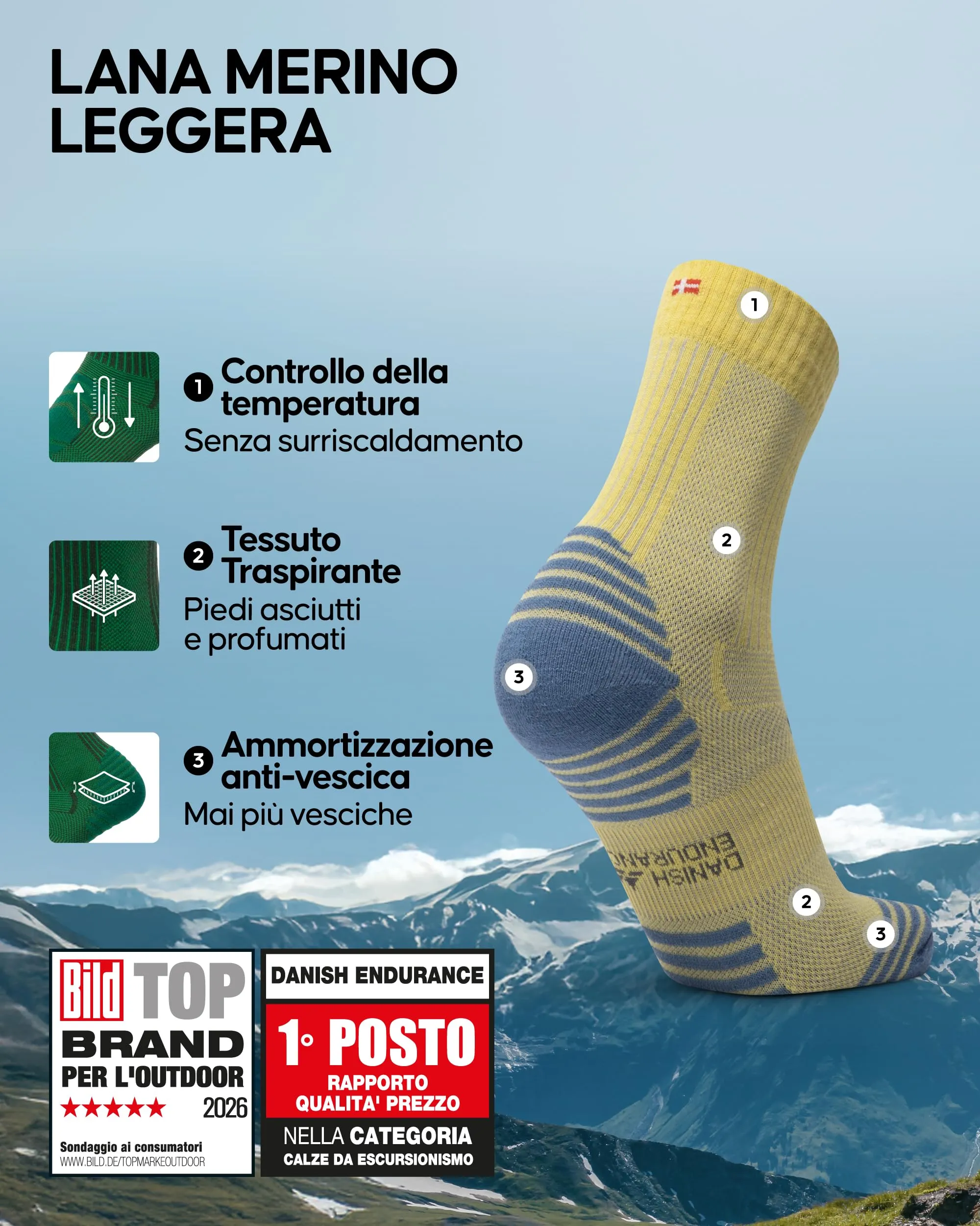 Danish Endurance Calze Trekking Leggere, Giallo, 43-47 - immagine 2