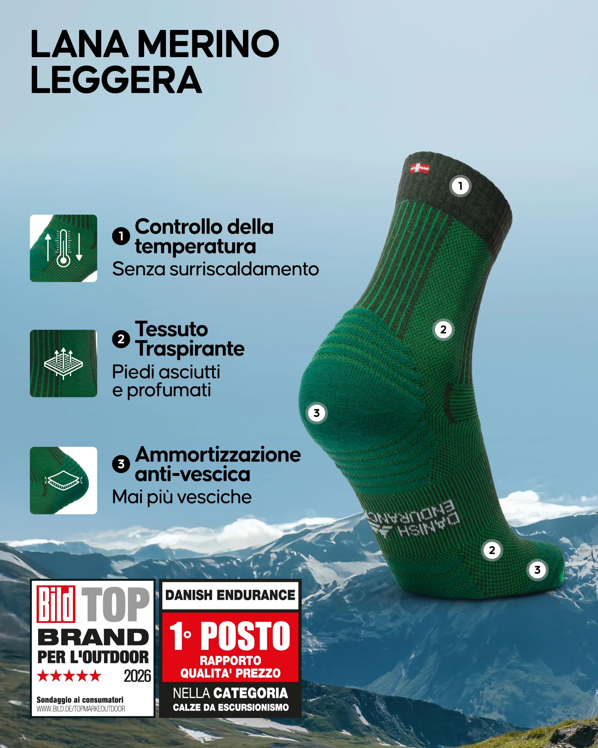 Danish Endurance Calze Trekking Leggere in Lana Merino, Verde, 43-47 - immagine 2