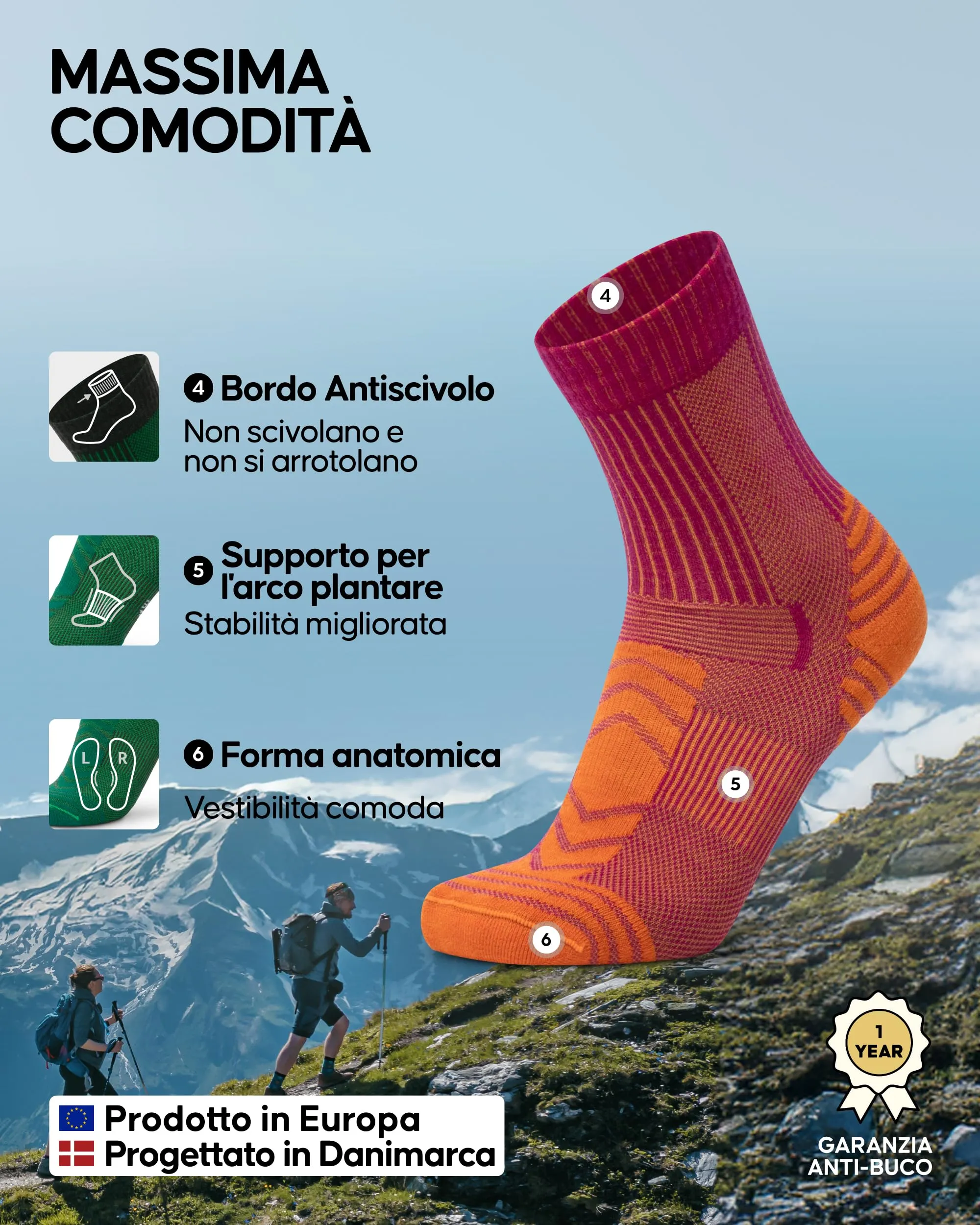 Danish Endurance Calze Trekking Leggere, Arancione/Fucsia, 35-38 - immagine 3
