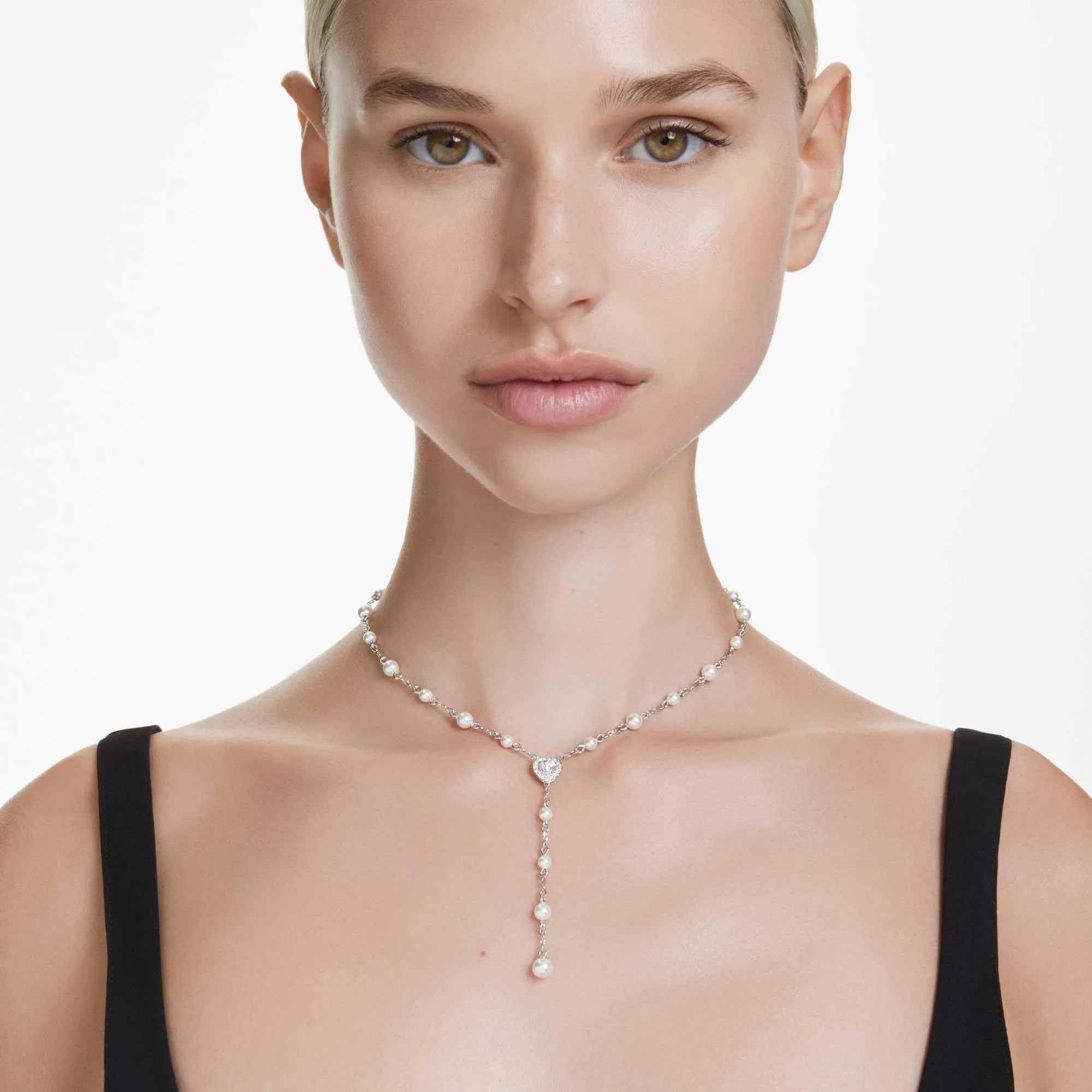 Swarovski Ariana Grande Collana a Y con Pavé di Cristalli e Crystal Pearls, Forma a Cuore, Placcatura Rodio, 38-48 cm - immagine 6