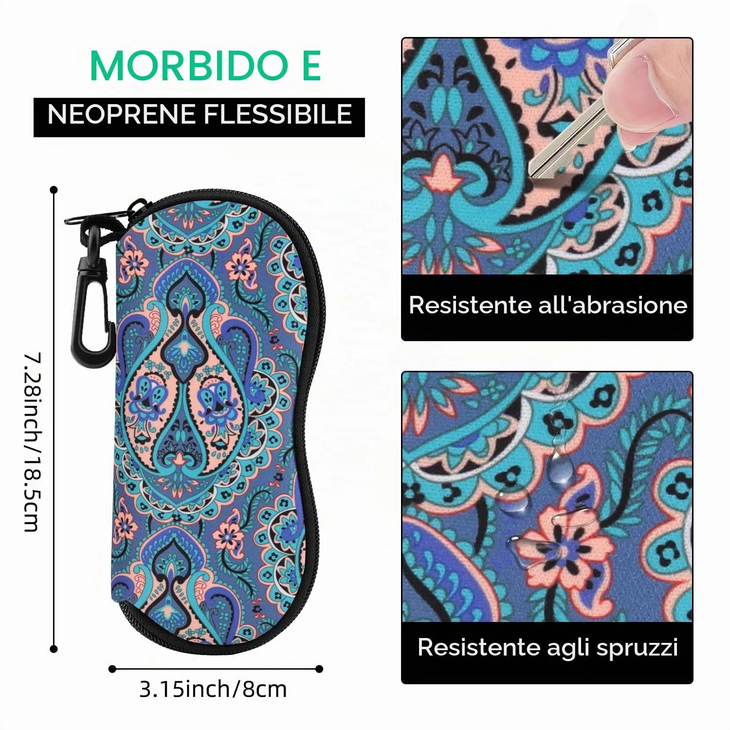 MoKo Astuccio per Occhiali in Neoprene con Clip da Cintura, Piuma di Pavone - immagine 2