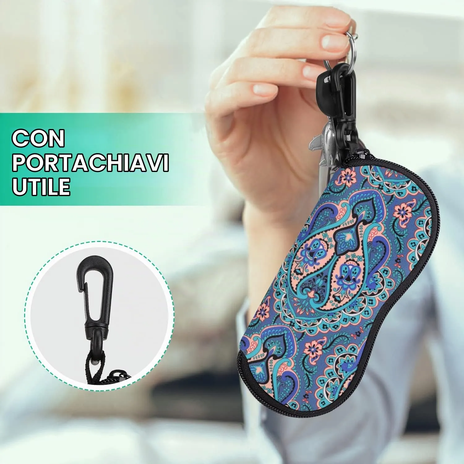 MoKo Astuccio per Occhiali in Neoprene con Clip da Cintura, Piuma di Pavone - immagine 4