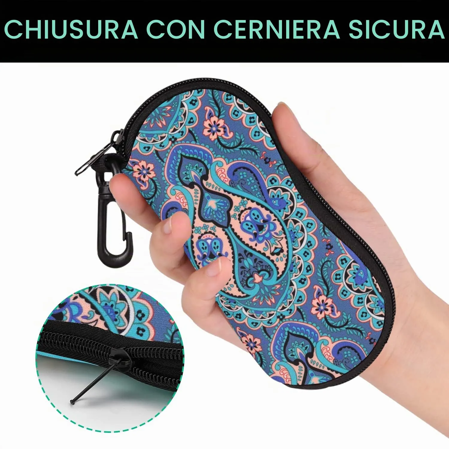 MoKo Astuccio per Occhiali in Neoprene con Clip da Cintura, Piuma di Pavone - immagine 5