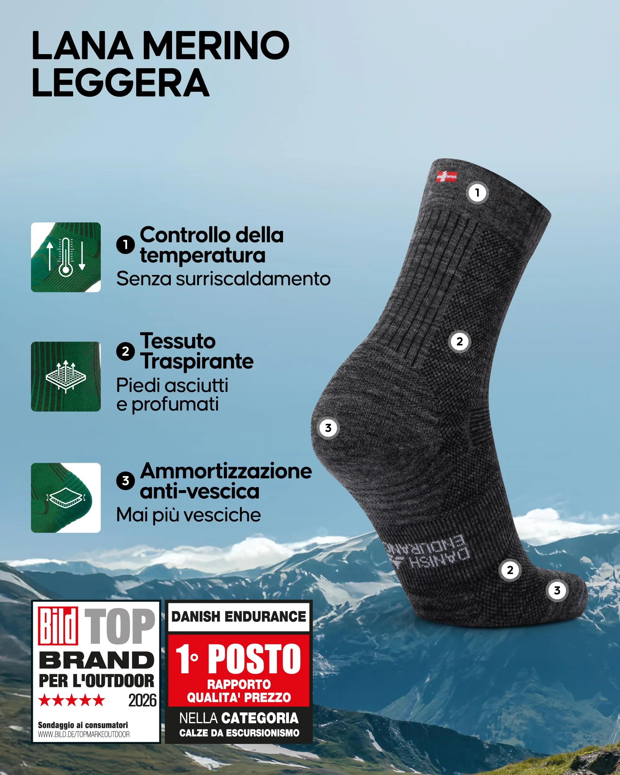 Danish Endurance Calze Trekking Leggere, Grigio, 43-47 - immagine 2