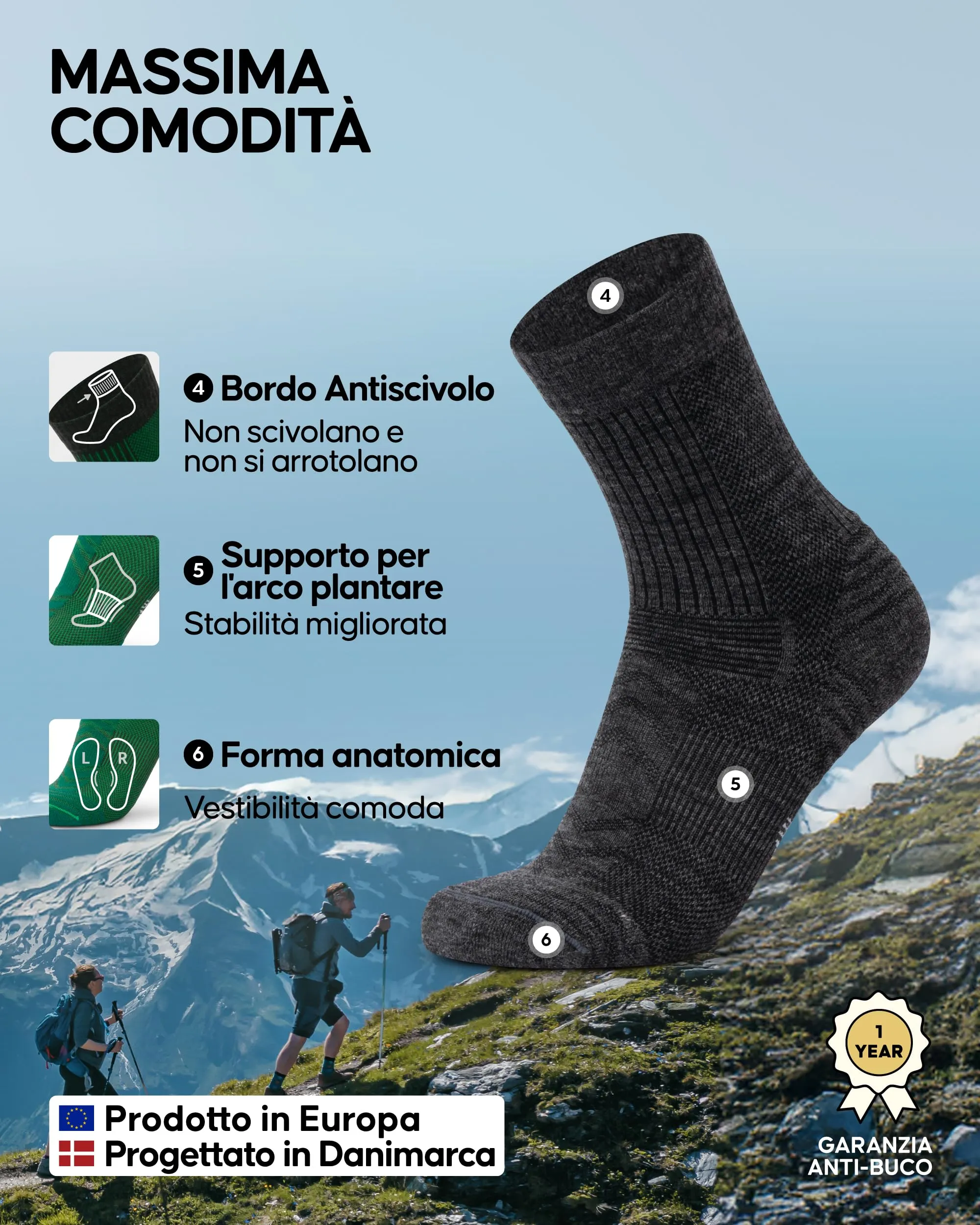 Danish Endurance Calze Trekking Leggere, Grigio, 43-47 - immagine 3