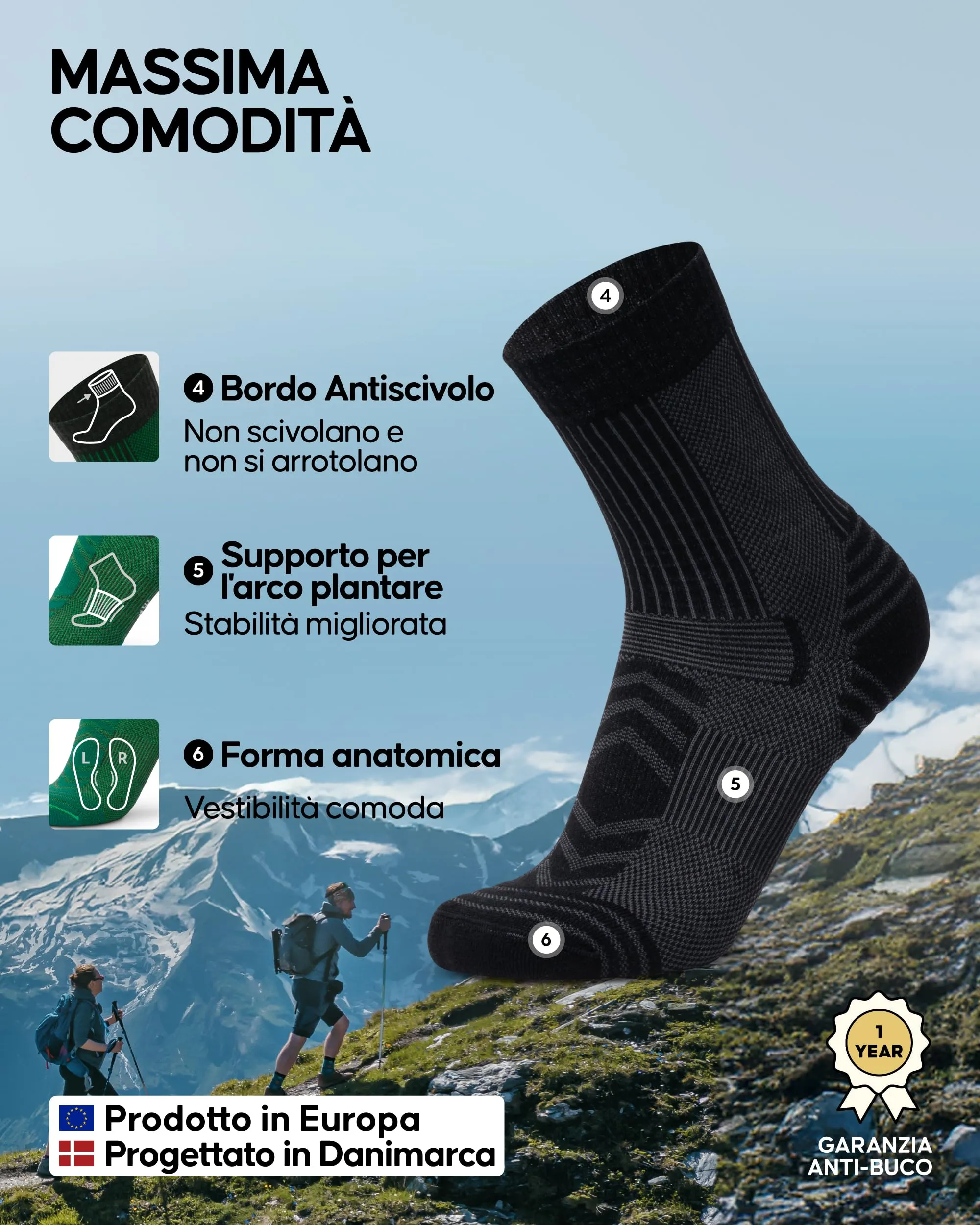 Danish Endurance Calze Trekking Leggere in Lana Merino, Nero, 39-42 - immagine 3