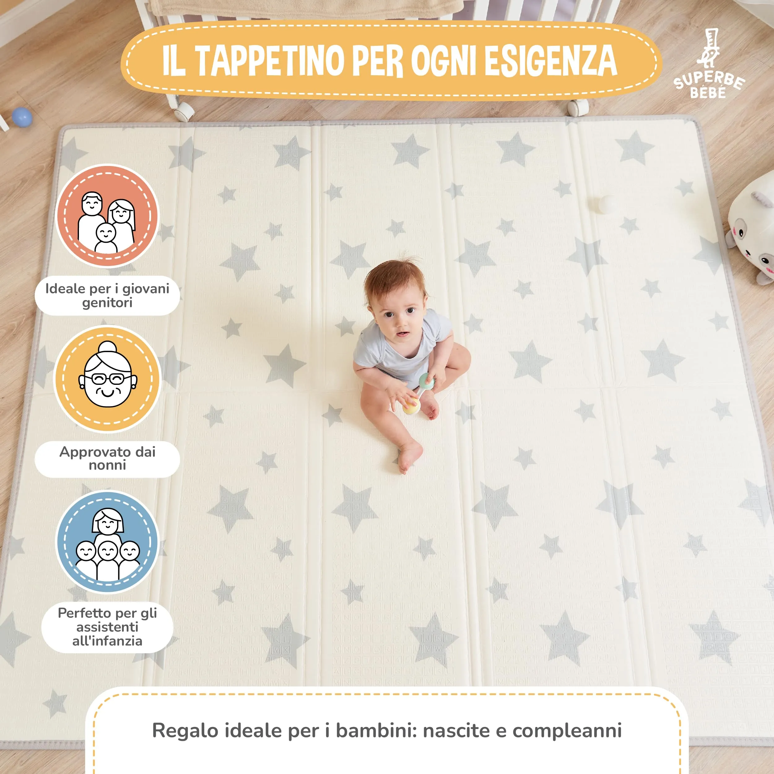 SUPERBE BEBE Tappeto Gioco Bambini Pieghevole 180x200x1.5cm Montessori Reversibile in Schiuma Pink Panda - immagine 4