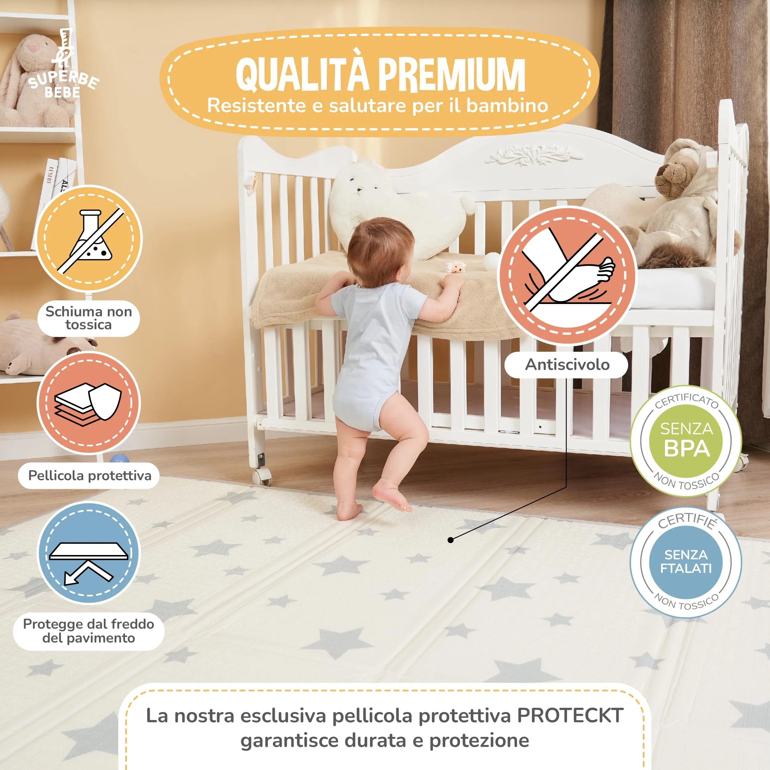 SUPERBE BEBE Tappeto Gioco Bambini Pieghevole 180x200x1.5cm Montessori Reversibile in Schiuma Pink Panda - immagine 5
