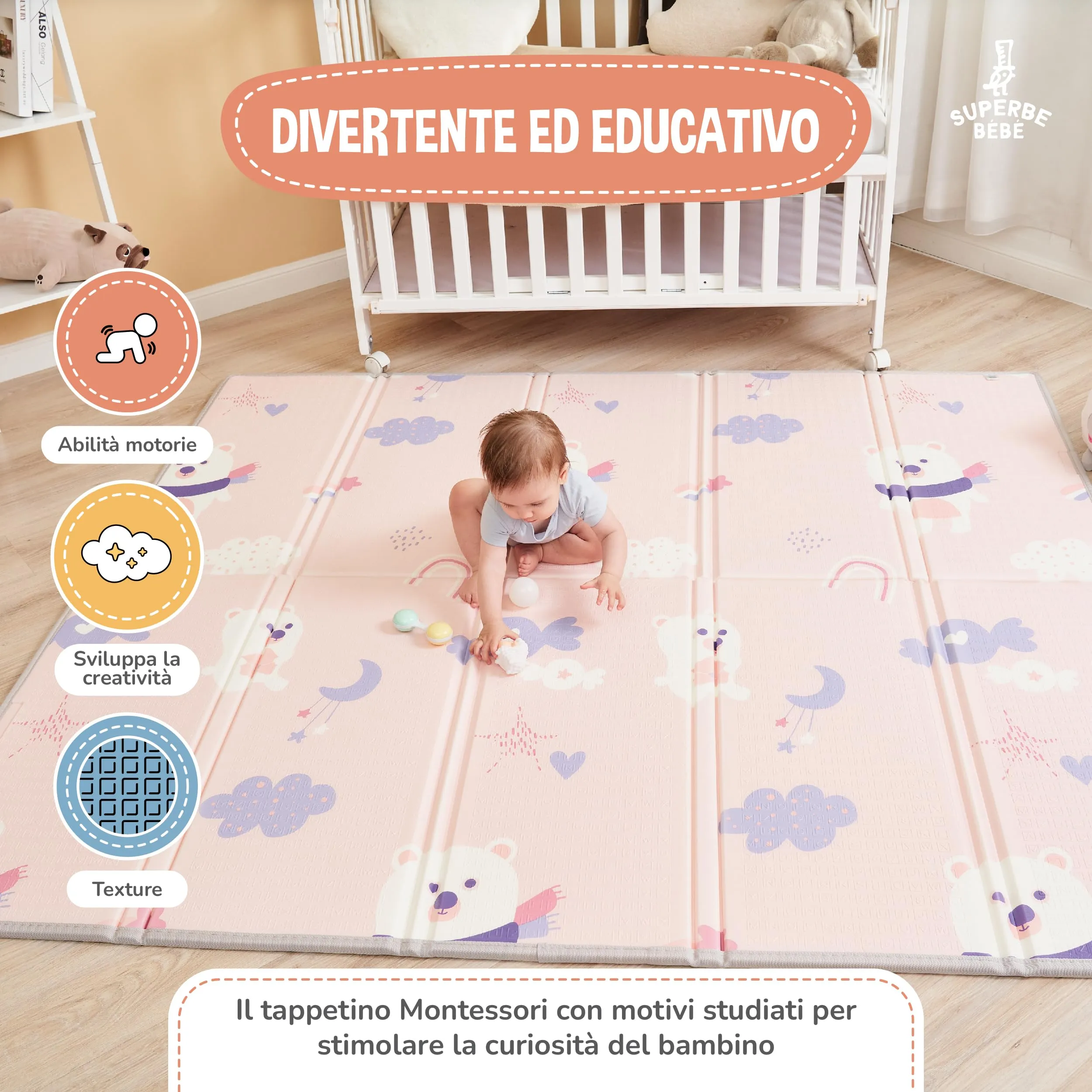 SUPERBE BEBE Tappeto Gioco Bambini Pieghevole 180x200x1.5cm Montessori Reversibile in Schiuma Pink Panda - immagine 6