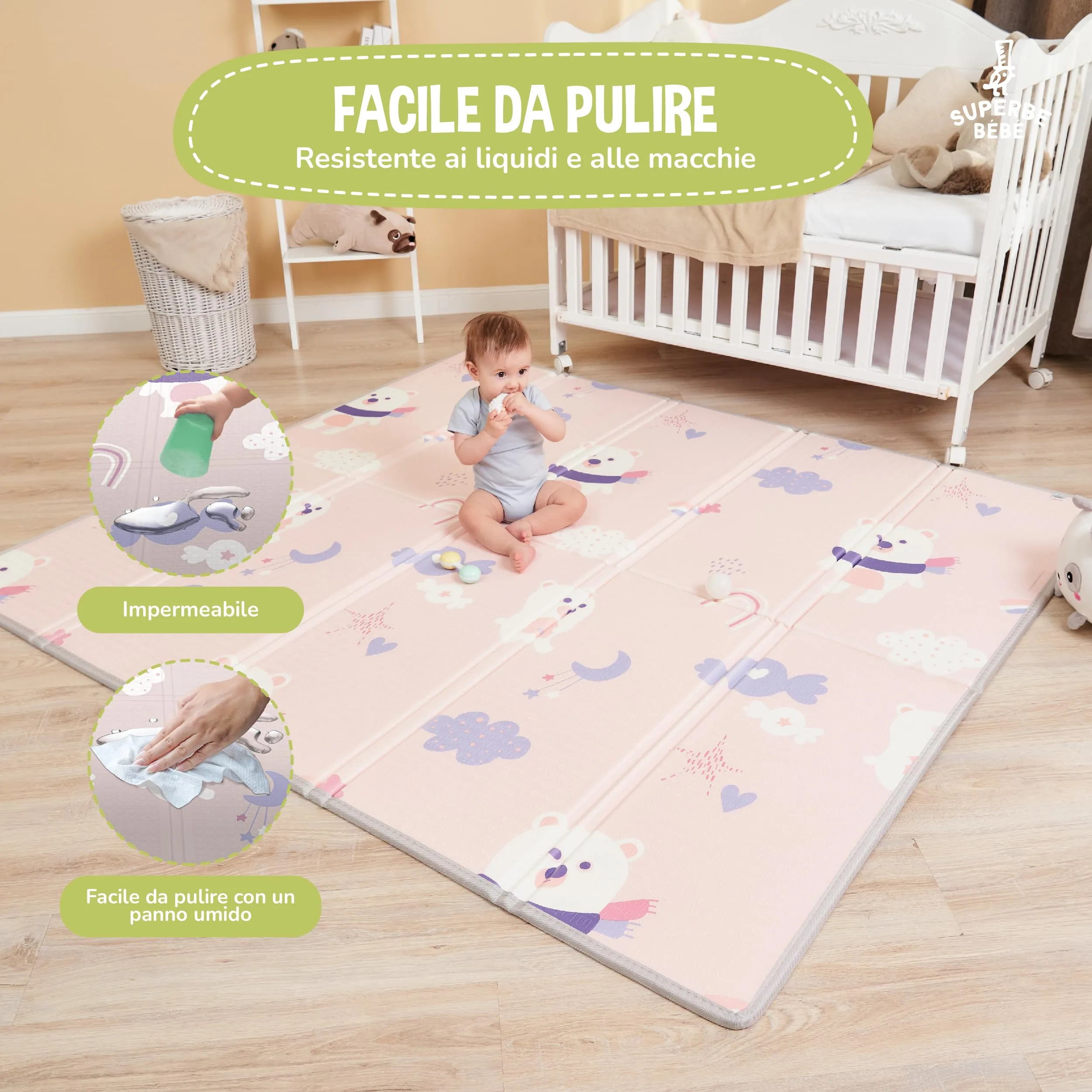 SUPERBE BEBE Tappeto Gioco Bambini Pieghevole 180x200x1.5cm Montessori Reversibile in Schiuma Pink Panda - immagine 8