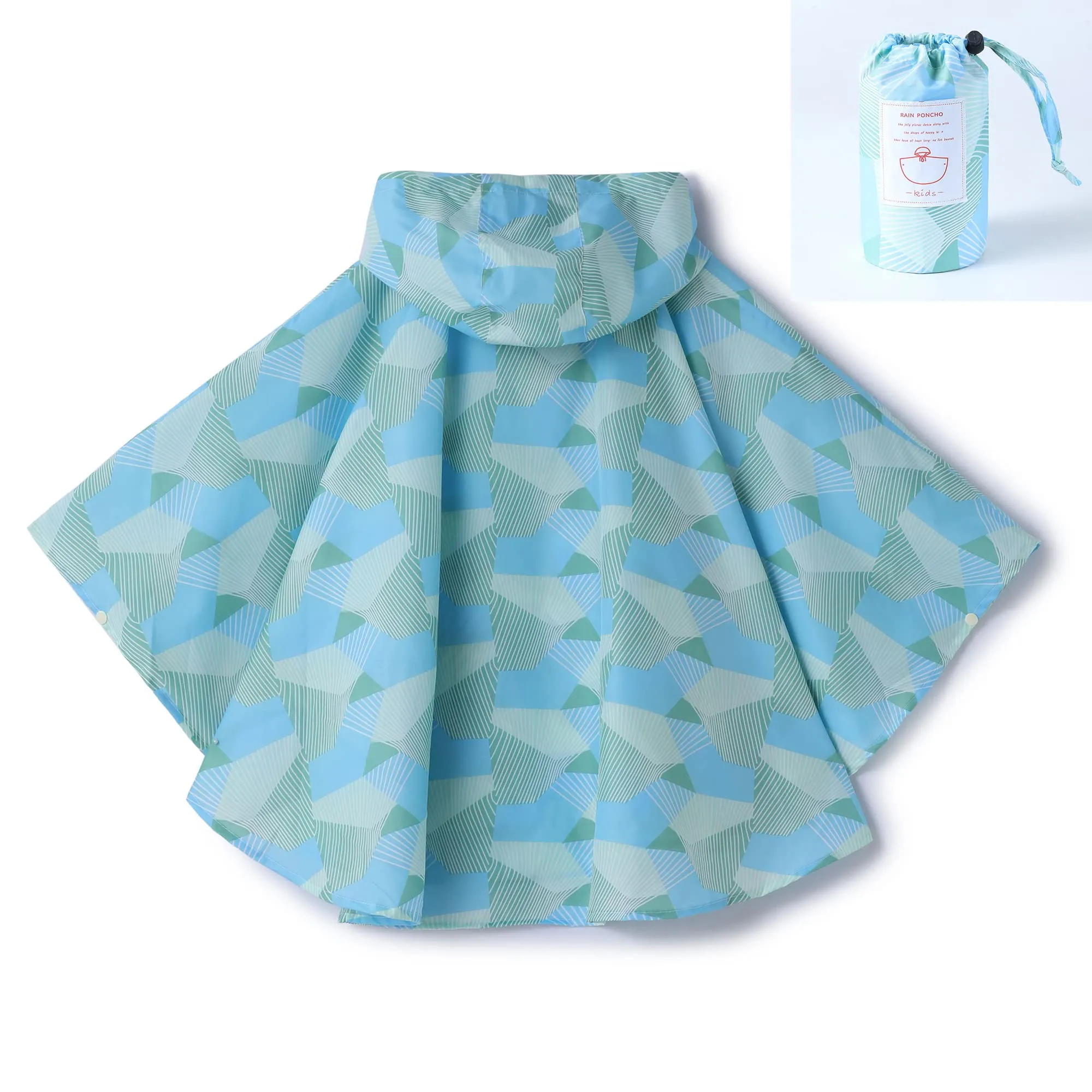 QIKADO Mantello Impermeabile Bambini Poncho Antivento e Antipioggia con Sacchetto, Blu Geometrico, XL (9-12 anni) - immagine 3