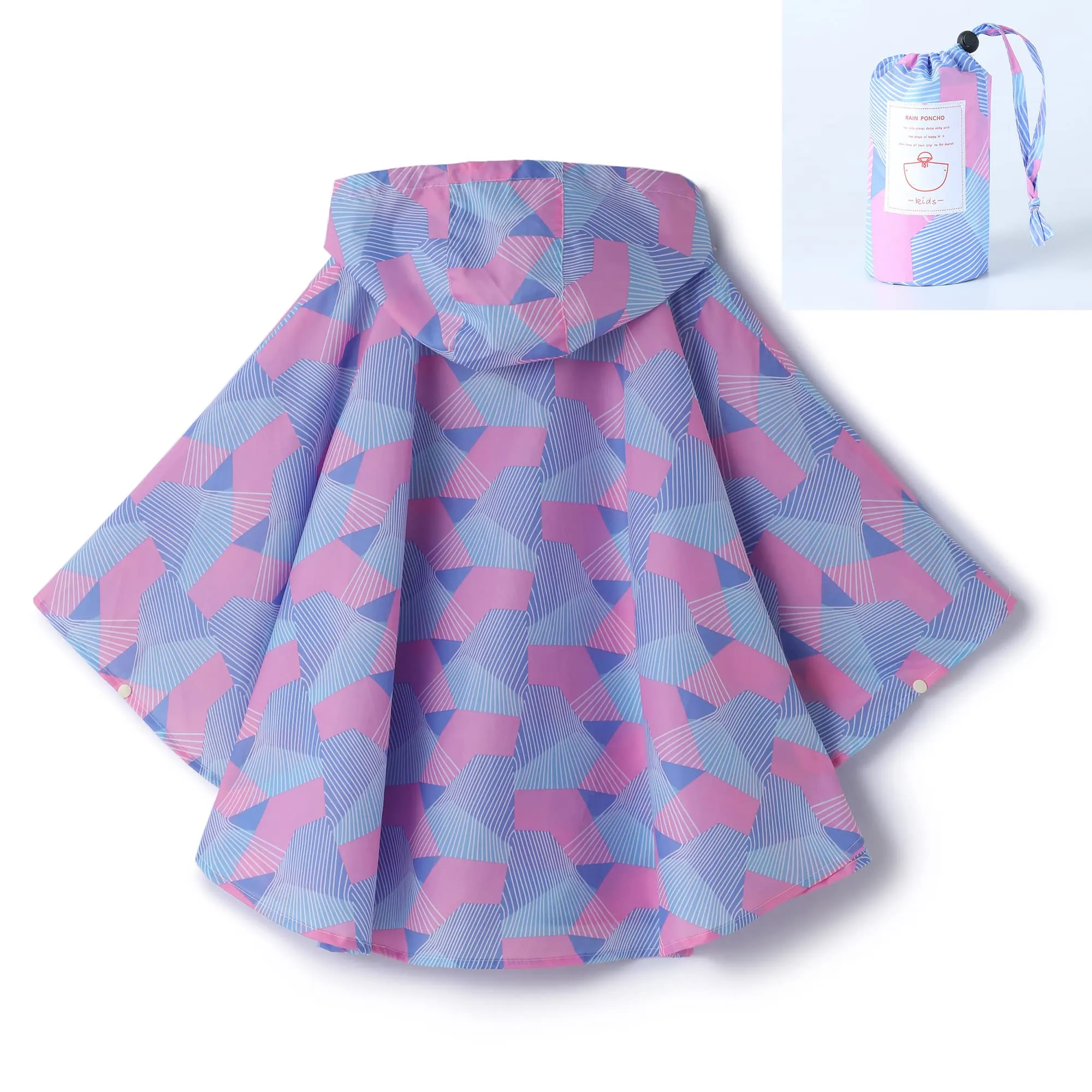 QIKADO Poncho Impermeabile per Bambini con Cappuccio e Custodia Tascabile, Rosa geometrico, XL - immagine 3