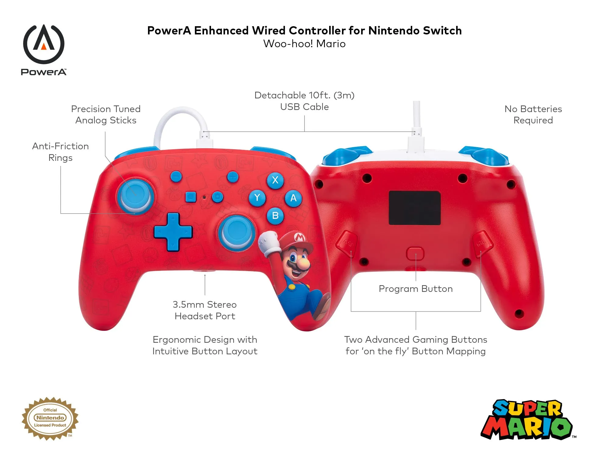 PowerA Wired Advanced Controller for Nintendo Switch - Woo-hoo! Mario - immagine 2