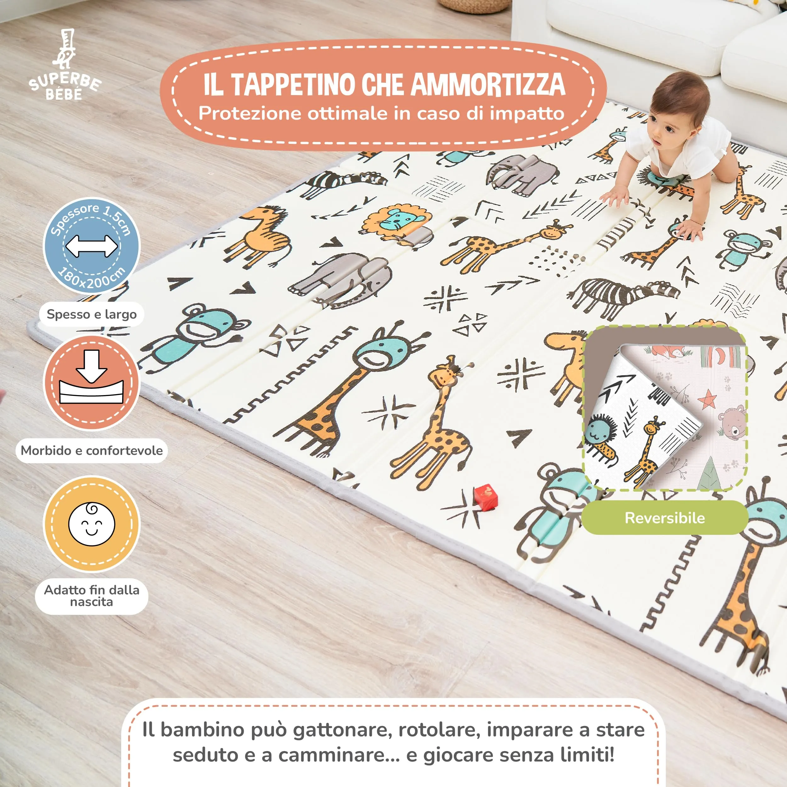 SUPERBE BEBE Tappeto Gioco Bambini Pieghevole 180x200x1.5cm Montessori Reversibile Impermeabile in Schiuma - immagine 2