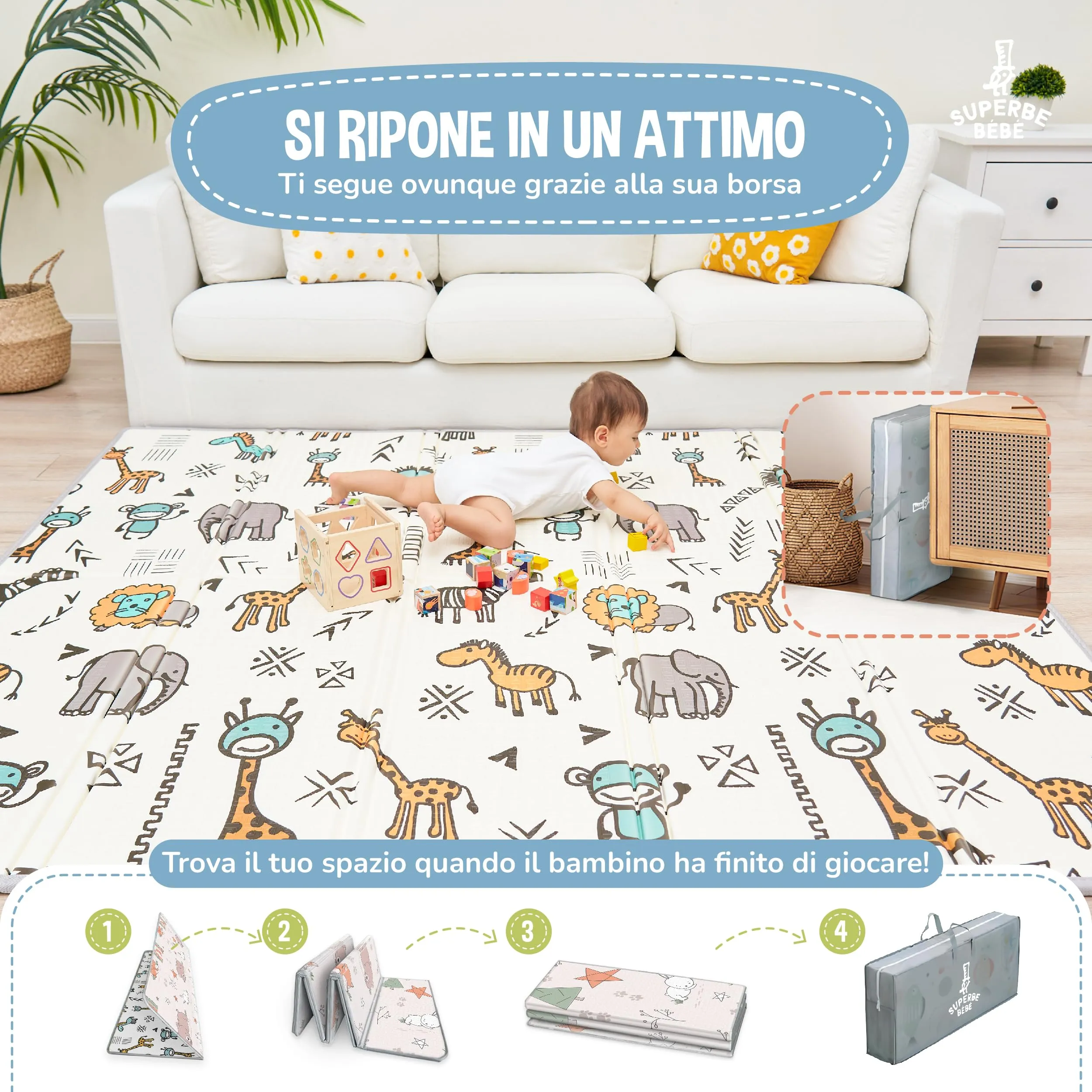 SUPERBE BEBE Tappeto Gioco Bambini Pieghevole 180x200x1.5cm Montessori Reversibile Impermeabile in Schiuma - immagine 3