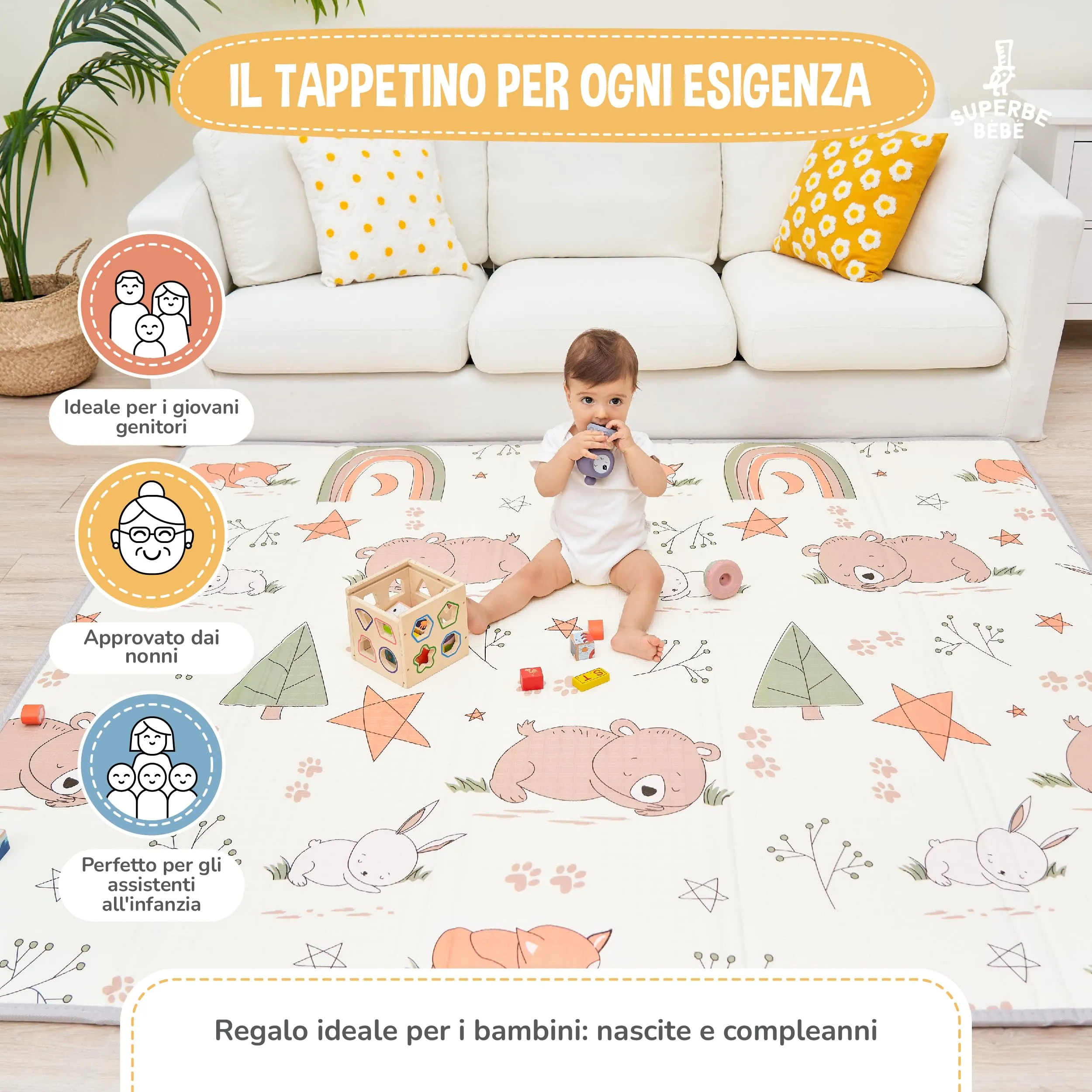 SUPERBE BEBE Tappeto Gioco Bambini Pieghevole 180x200x1.5cm Montessori Reversibile Impermeabile in Schiuma - immagine 4