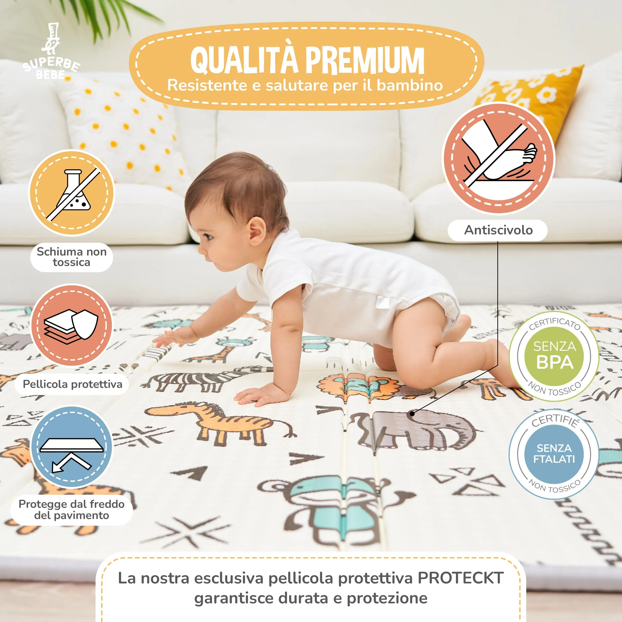 SUPERBE BEBE Tappeto Gioco Bambini Pieghevole 180x200x1.5cm Montessori Reversibile Impermeabile in Schiuma - immagine 5