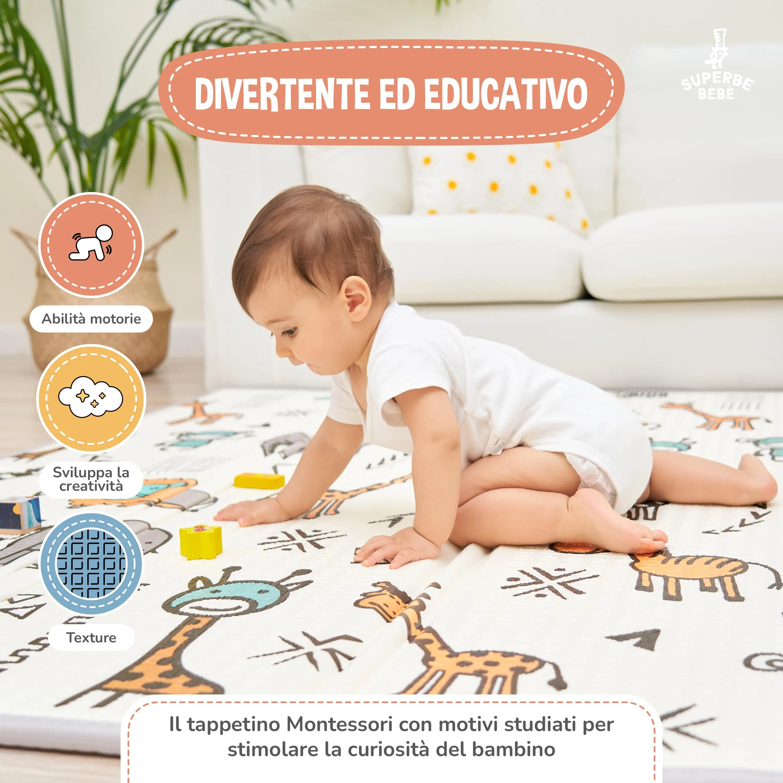 SUPERBE BEBE Tappeto Gioco Bambini Pieghevole 180x200x1.5cm Montessori Reversibile Impermeabile in Schiuma - immagine 6