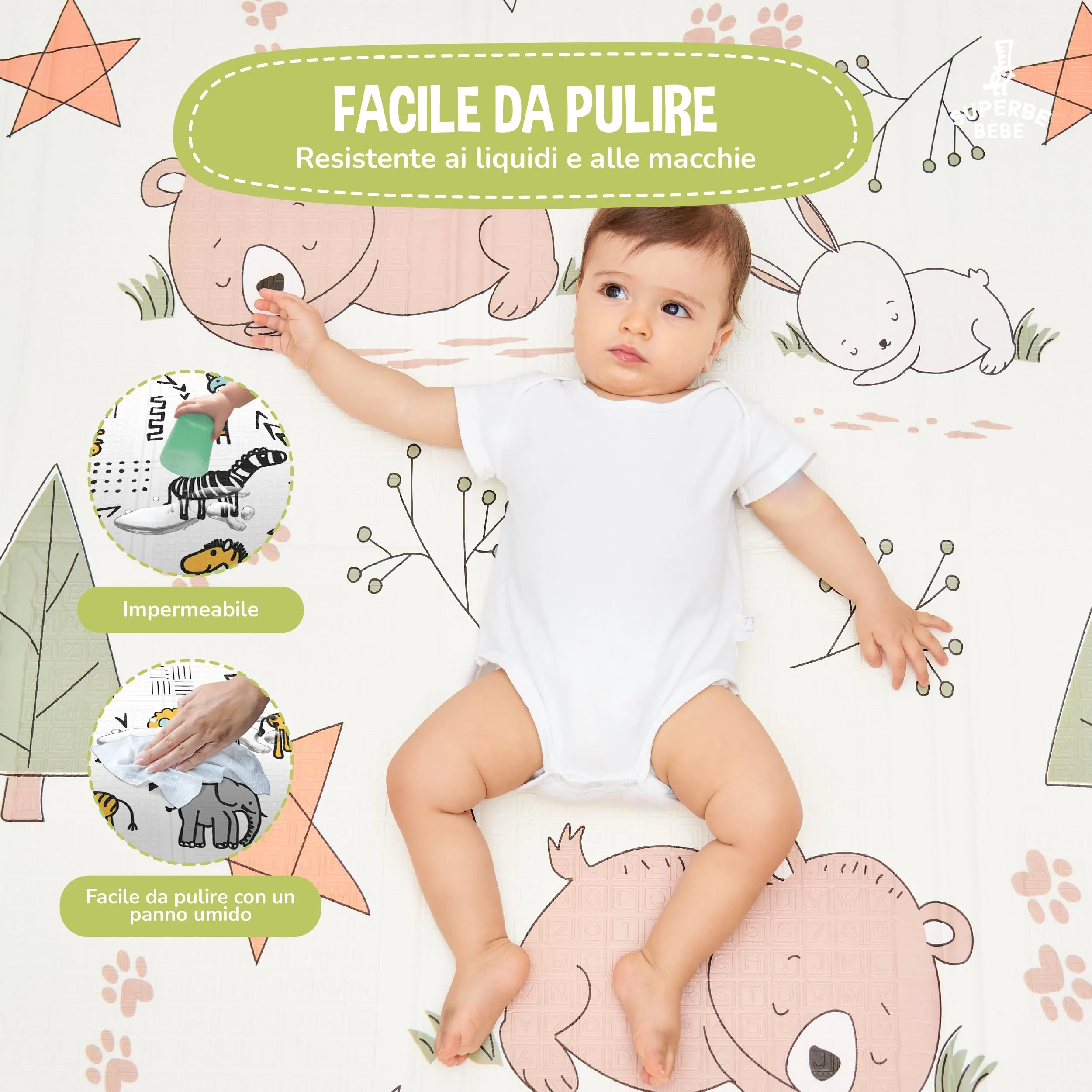 SUPERBE BEBE Tappeto Gioco Bambini Pieghevole 180x200x1.5cm Montessori Reversibile Impermeabile in Schiuma - immagine 8