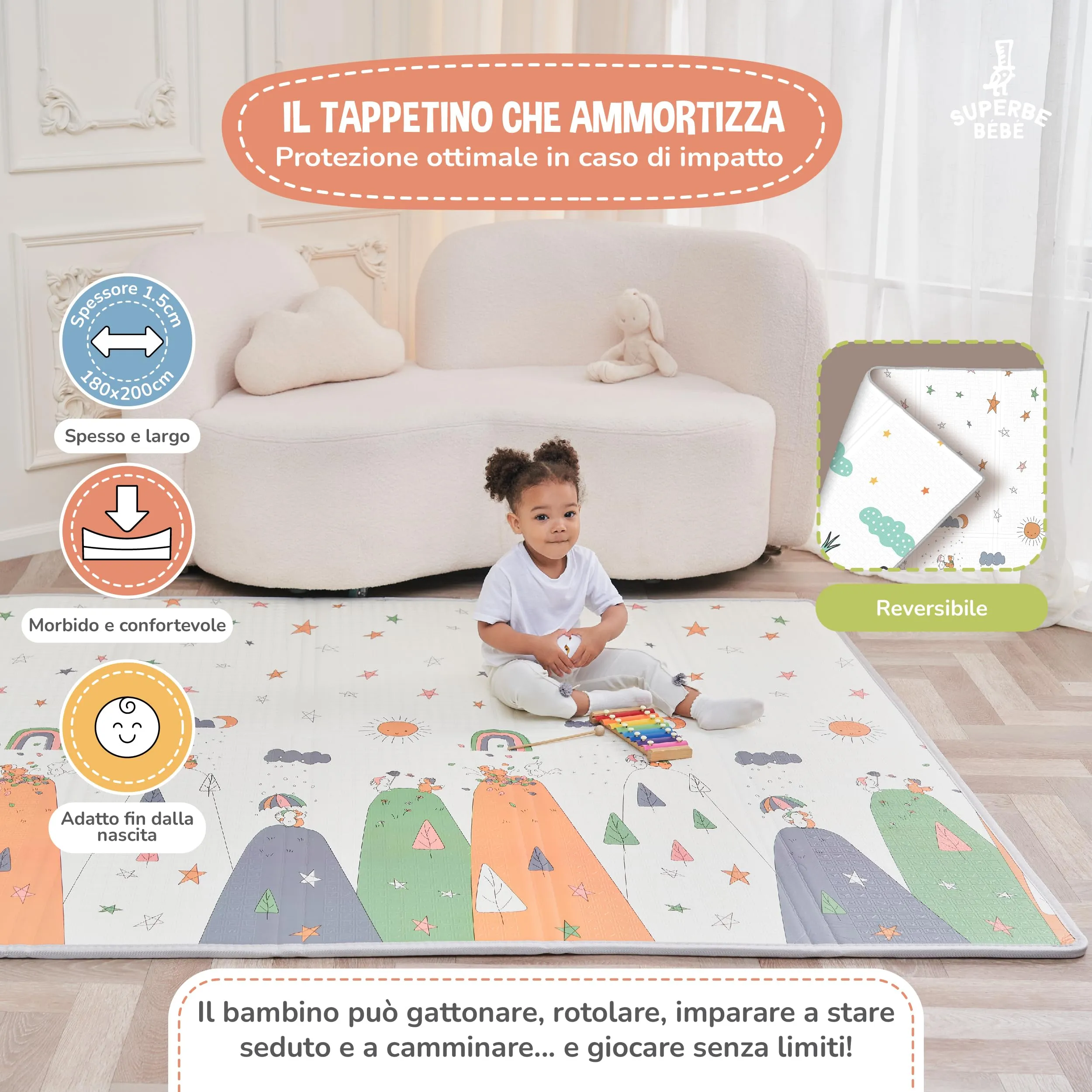 SUPERBE BEBE Tappeto Gioco Bambini Pieghevole 180x200x1.5cm Montessori Reversibile in Schiuma - immagine 2