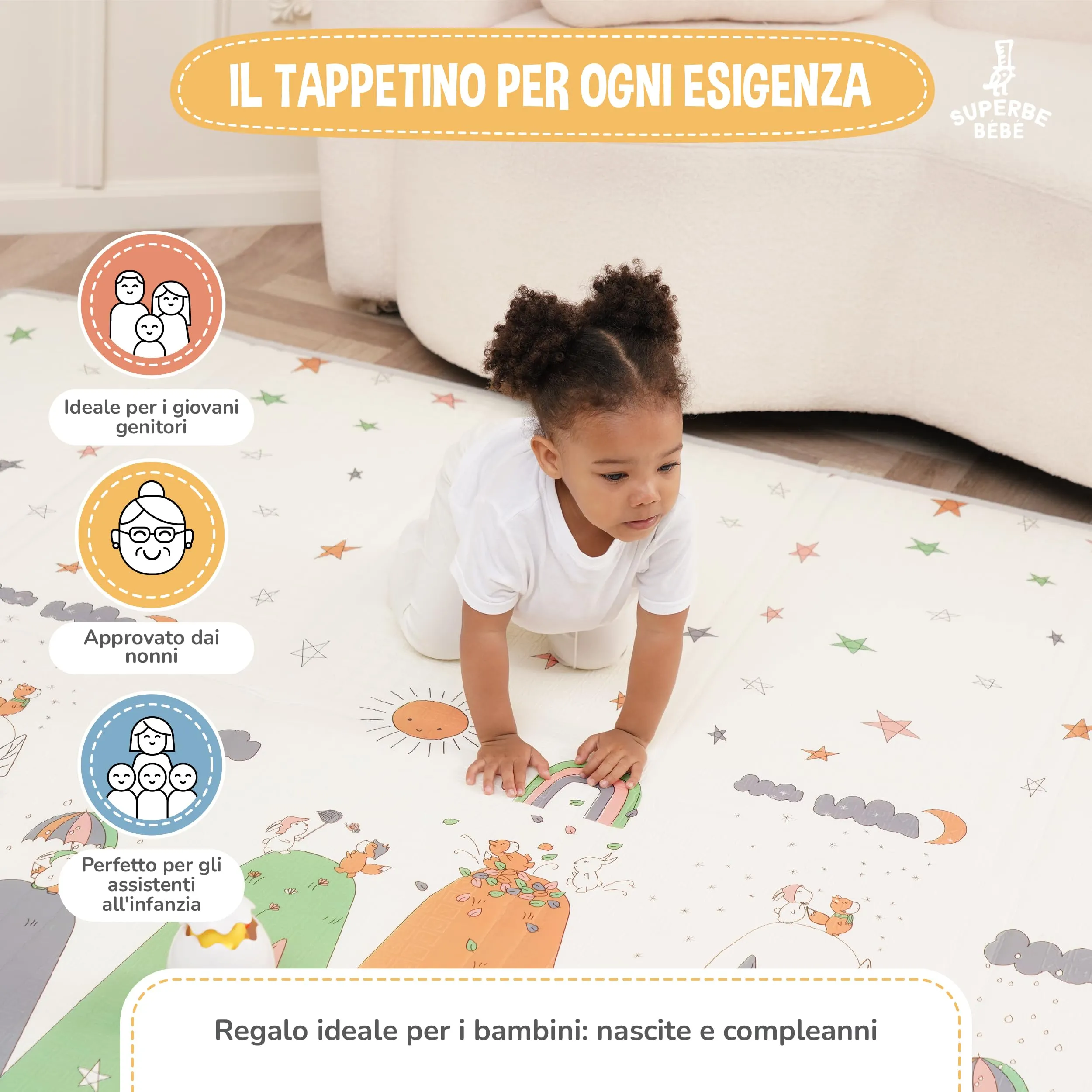 SUPERBE BEBE Tappeto Gioco Bambini Pieghevole 180x200x1.5cm Montessori Reversibile in Schiuma - immagine 4