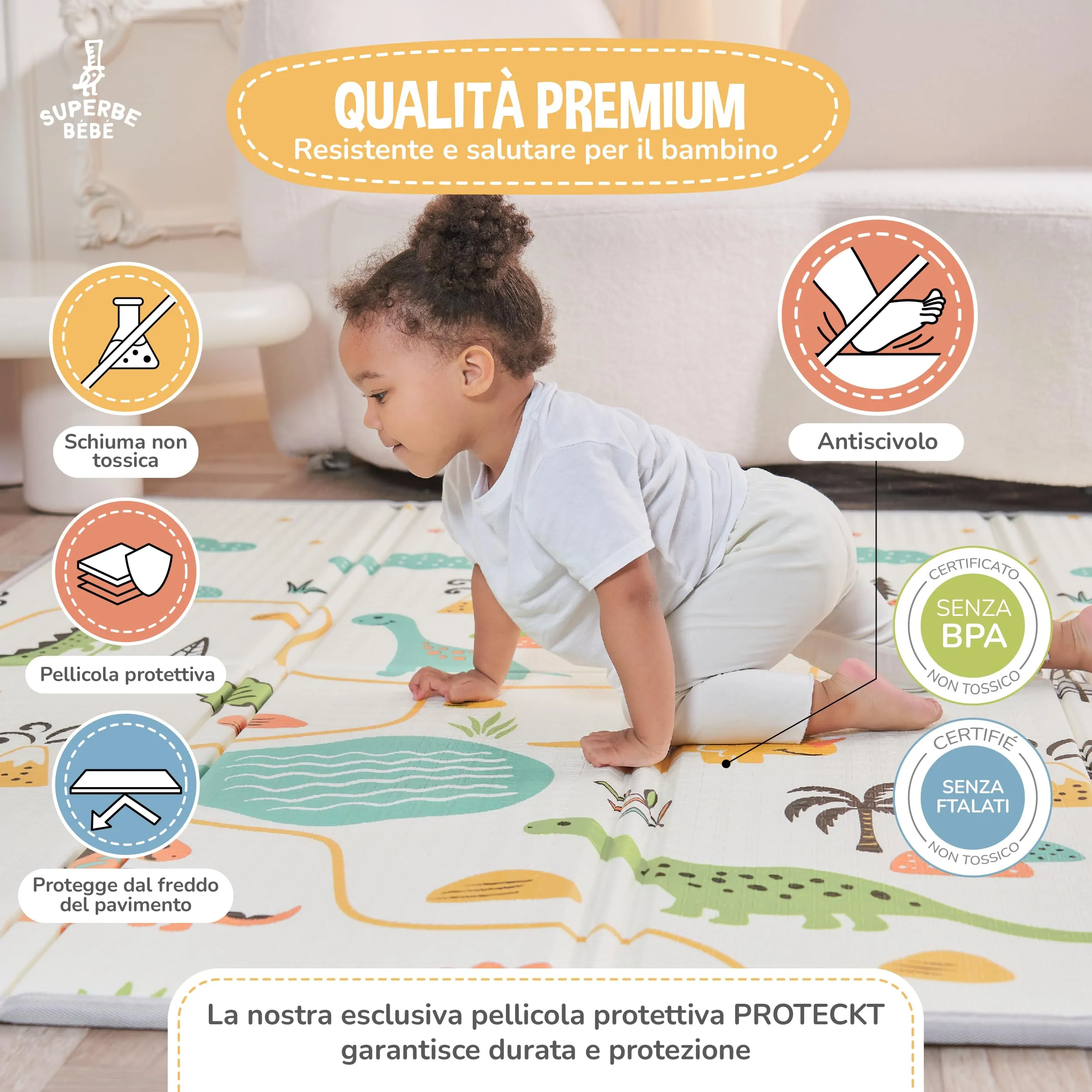 SUPERBE BEBE Tappeto Gioco Bambini Pieghevole 180x200x1.5cm Montessori Reversibile in Schiuma - immagine 5