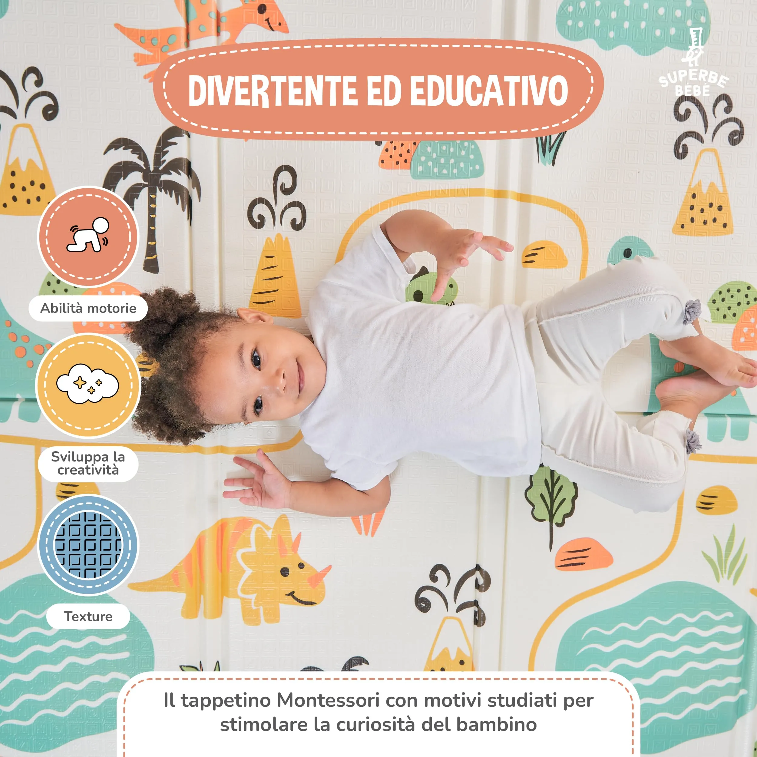 SUPERBE BEBE Tappeto Gioco Bambini Pieghevole 180x200x1.5cm Montessori Reversibile in Schiuma - immagine 6