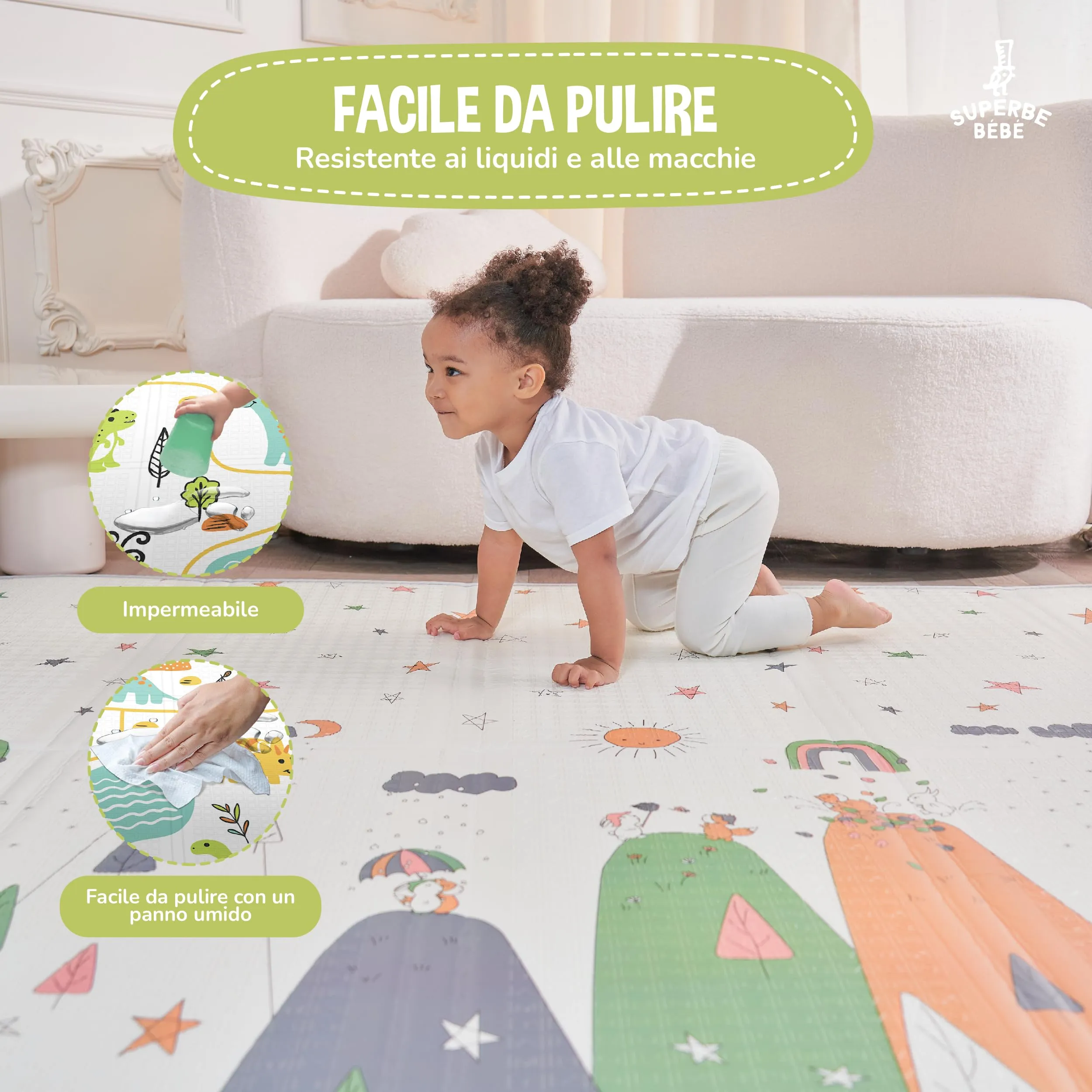 SUPERBE BEBE Tappeto Gioco Bambini Pieghevole 180x200x1.5cm Montessori Reversibile in Schiuma - immagine 8