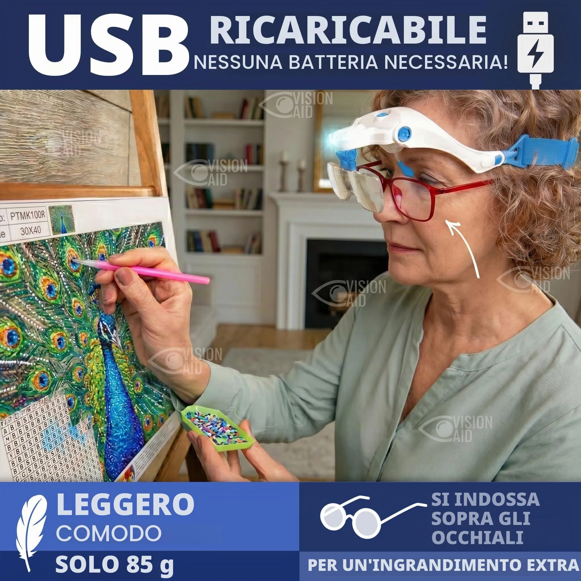Vision Aid Lenti d'Ingrandimento con Luce LED Ricaricabile USB, 5 Lenti, Archetto e Custodia - immagine 2
